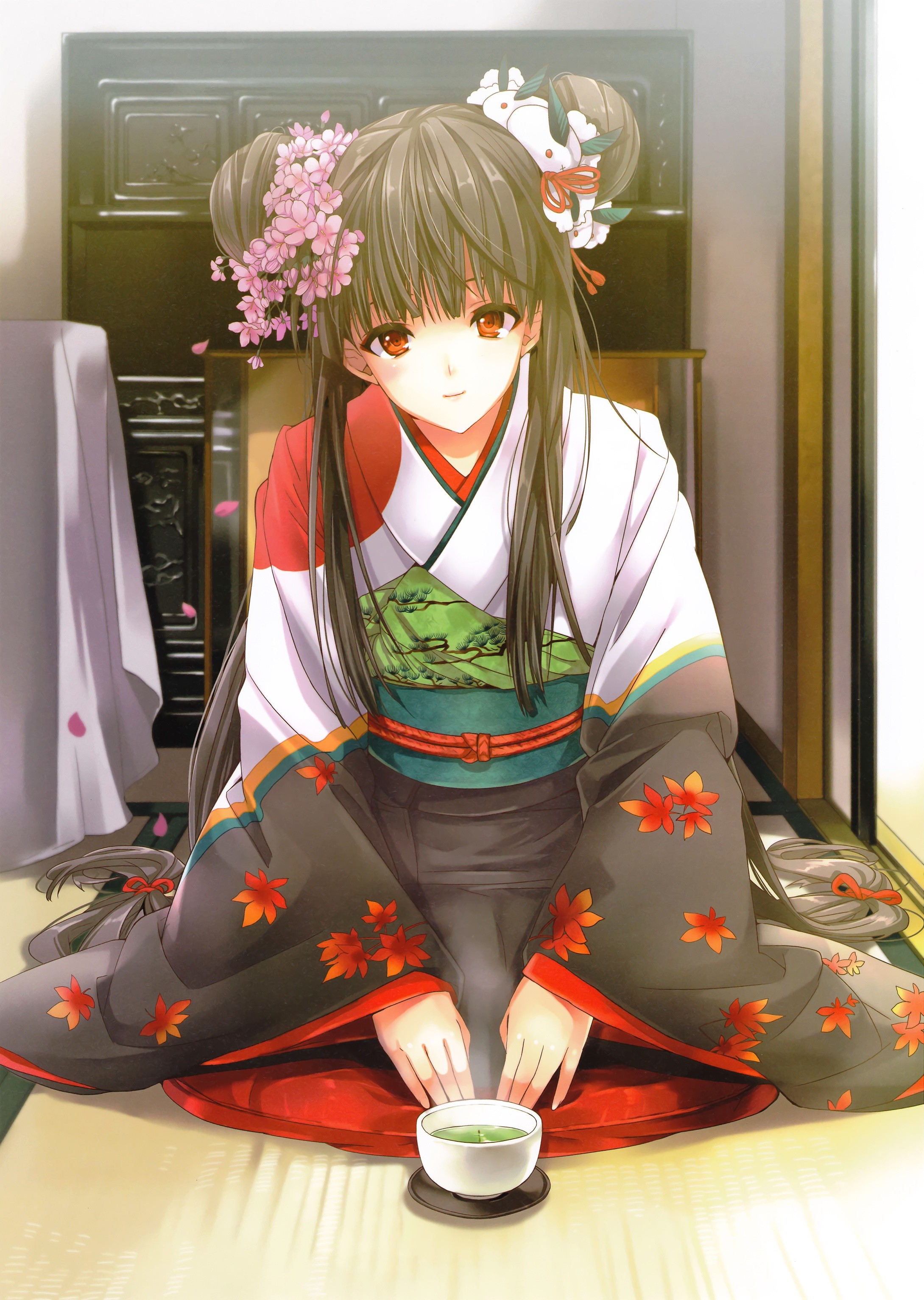 dress, flowers, long hair, red eyes, anime, yukata, Japanese clothes, anime girls - desktop wallpaper