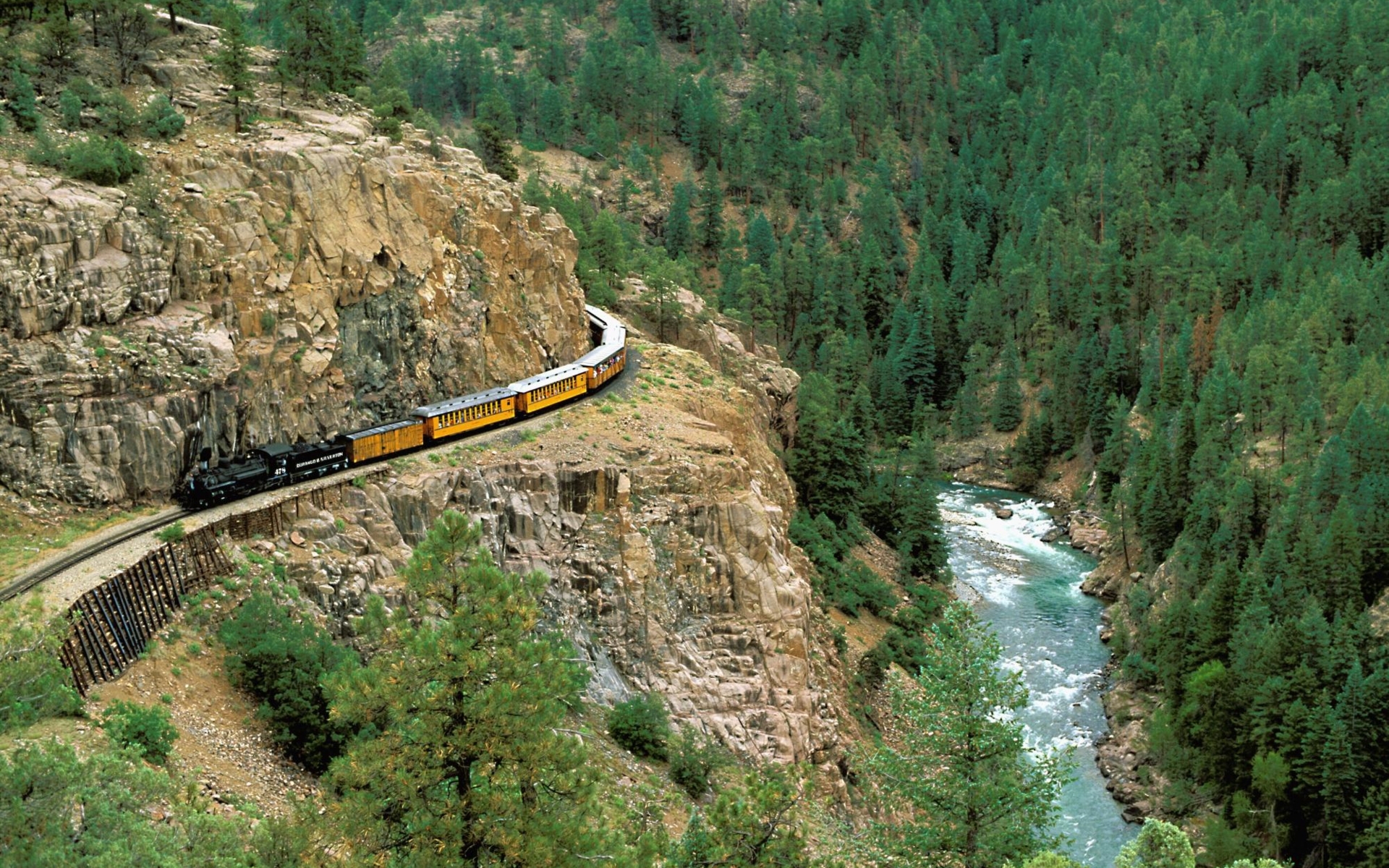 mountains, forests, railroad tracks, steam engine - desktop wallpaper