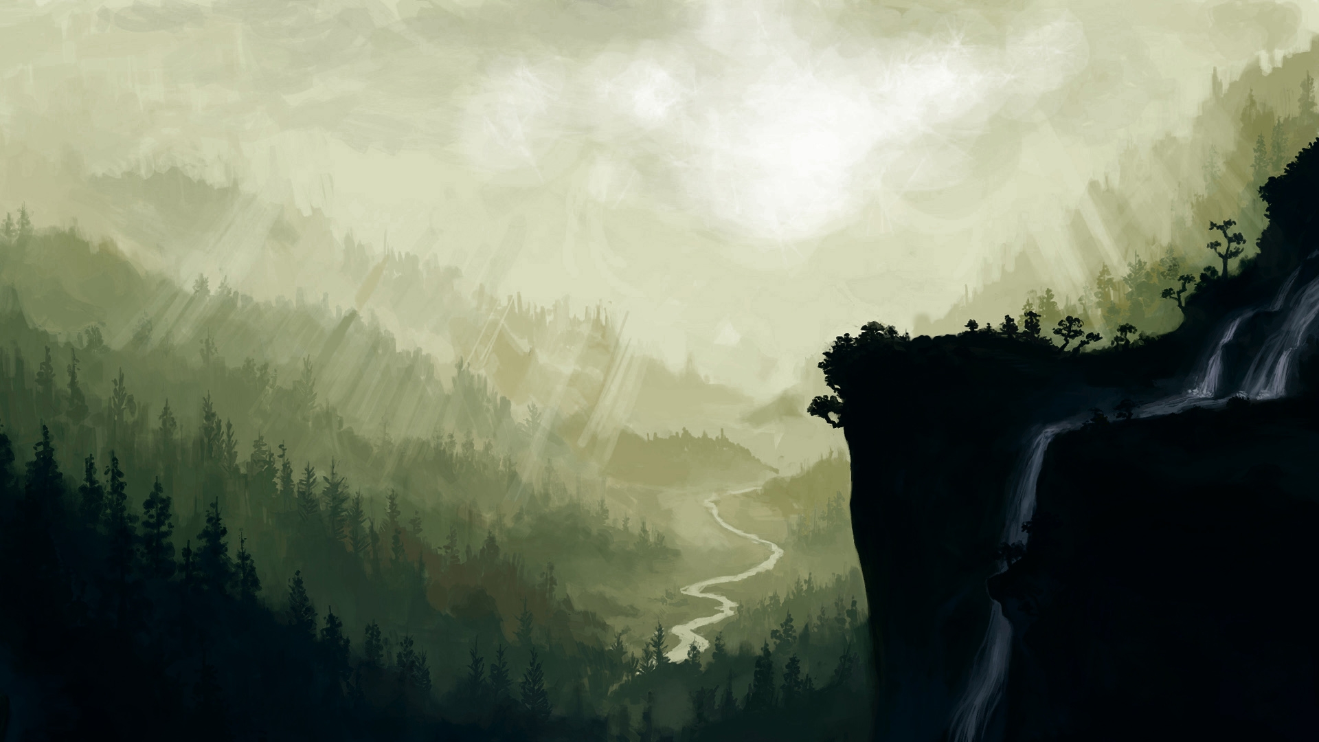landscapes, forests, valleys, painted, drawings, waterfalls, Cliff - desktop wallpaper