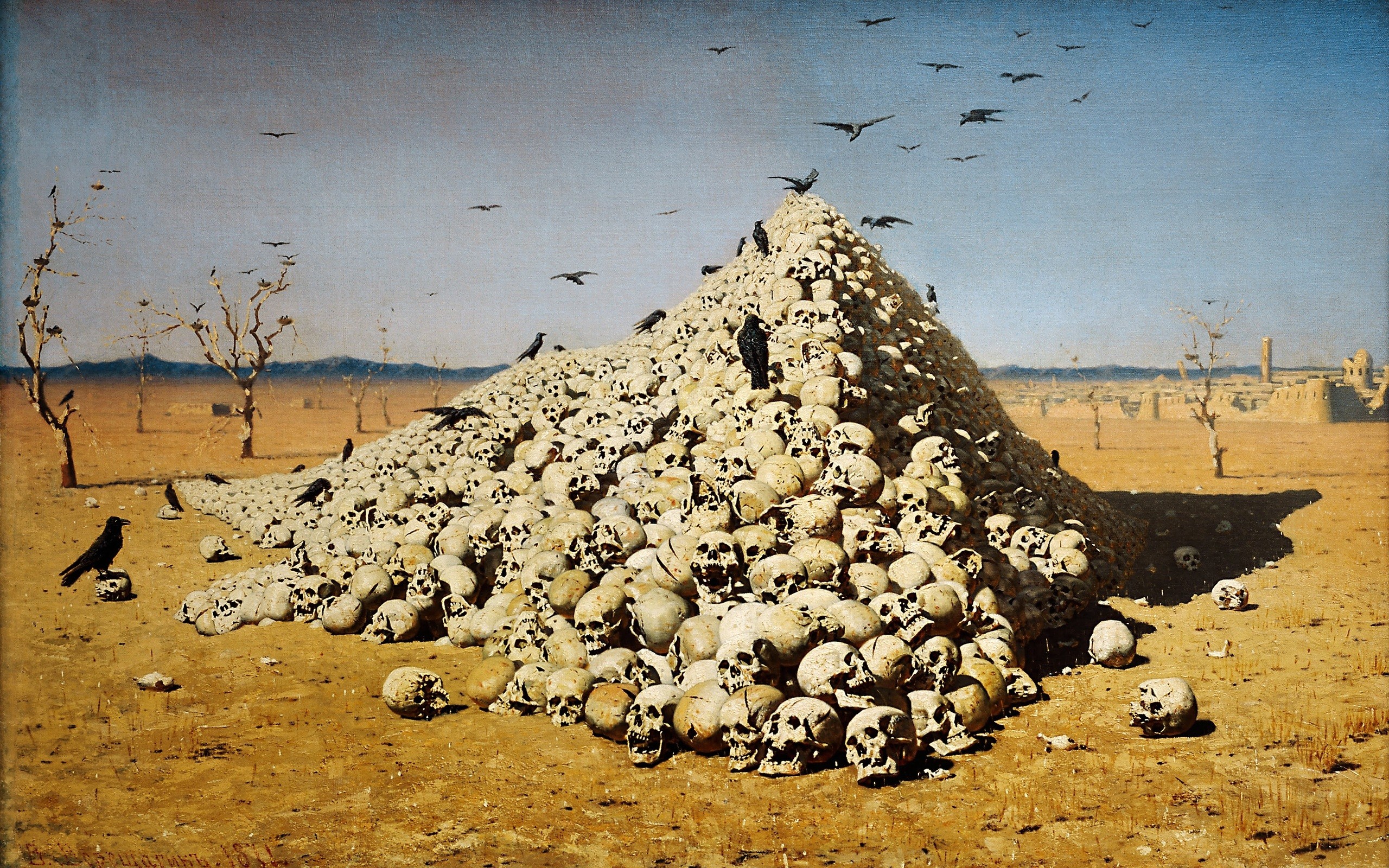 skulls, war, death, oil, paint, artwork, crows, Vasily Vereshchagin, The Apotheosis of War - desktop wallpaper