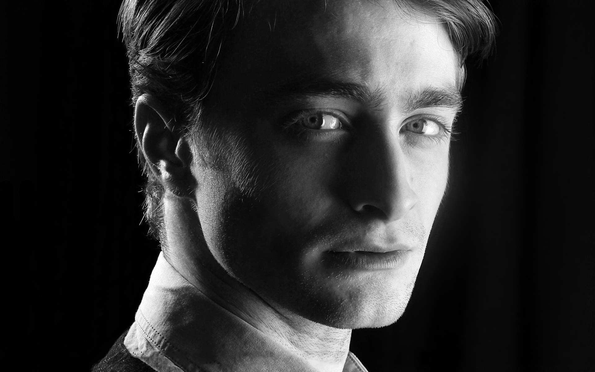 men, grayscale, actors, Daniel Radcliffe, black background, portraits - desktop wallpaper