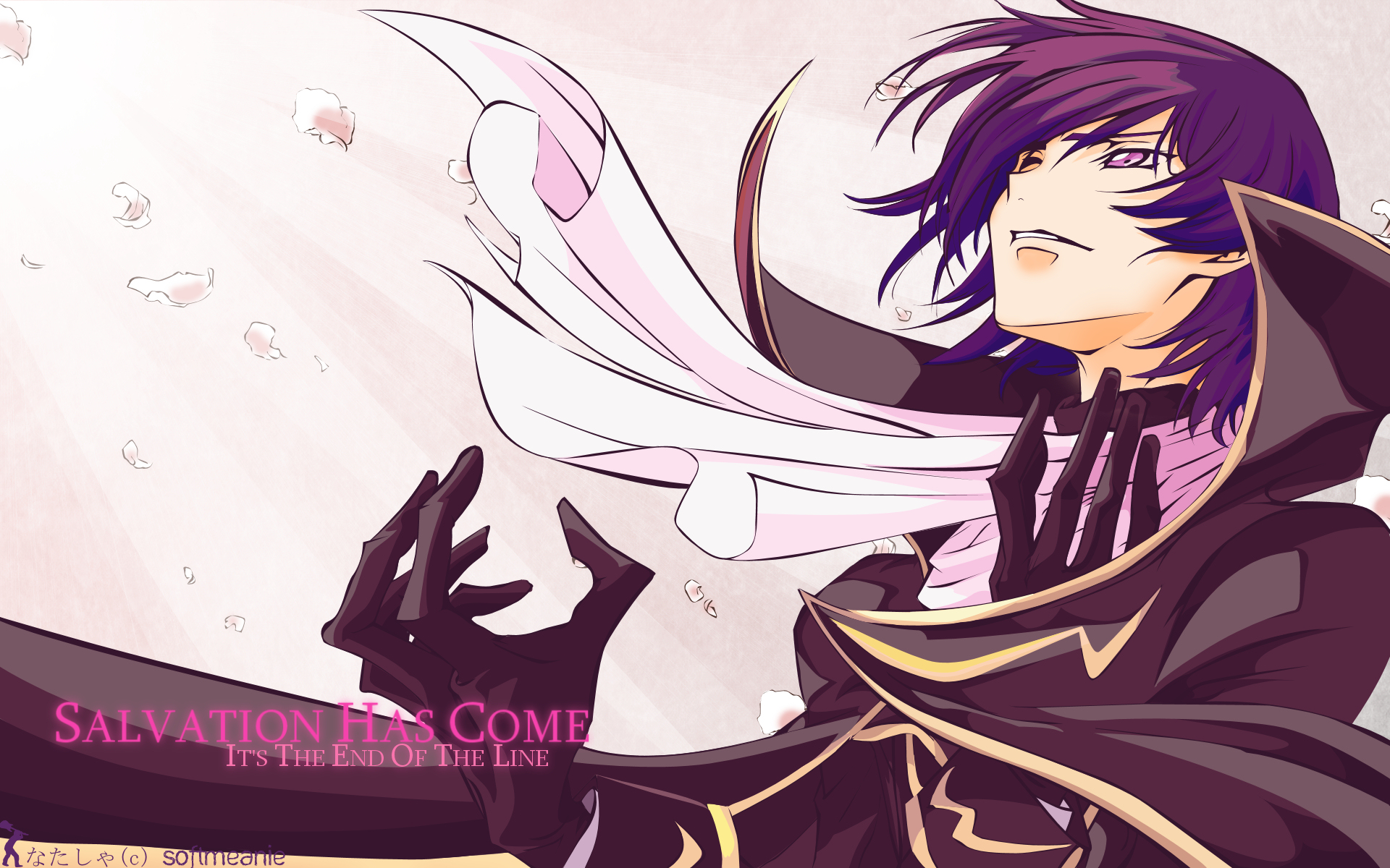 Code Geass, purple hair, Lamperouge Lelouch, anime, purple eyes, flower petals - desktop wallpaper