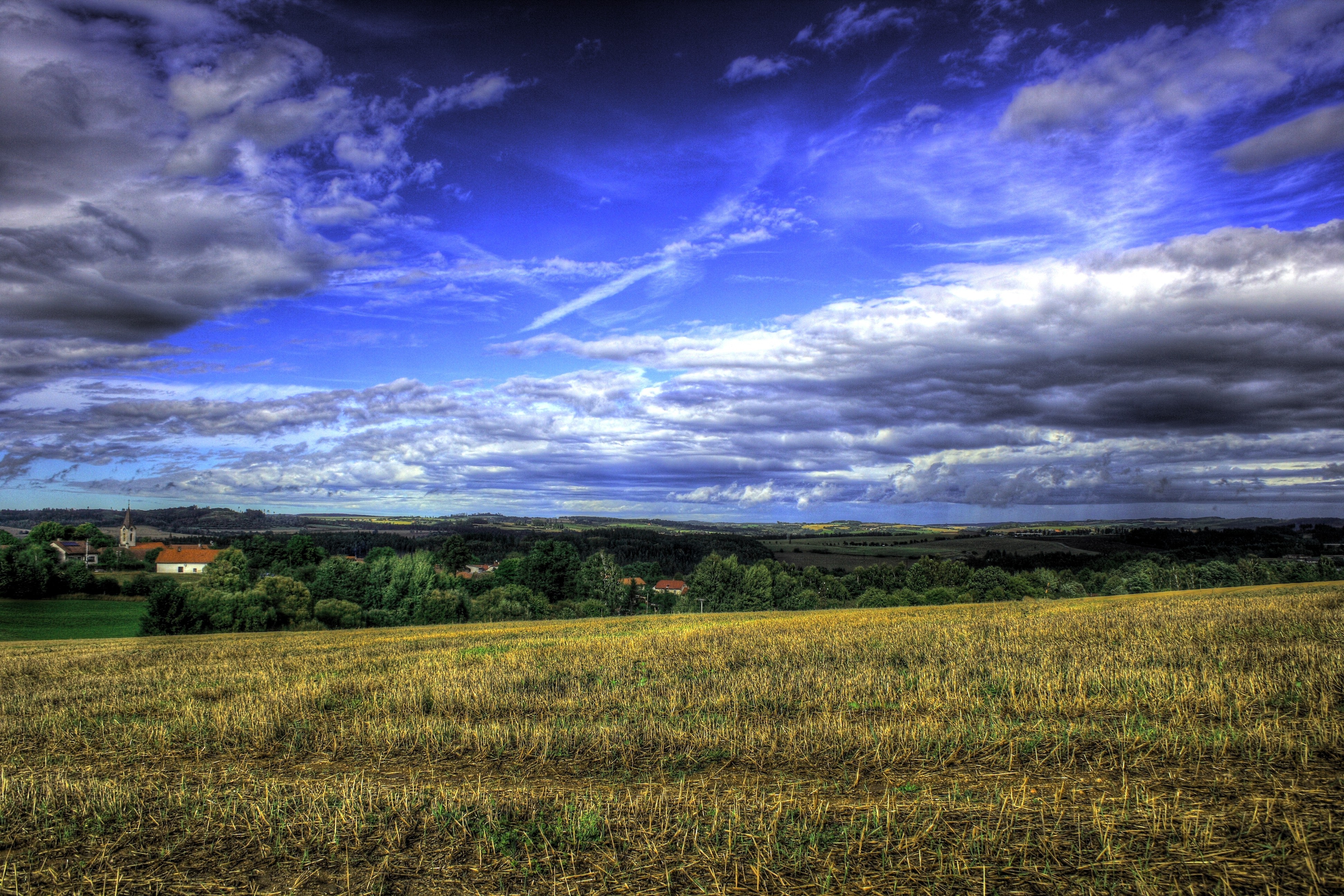 clouds, landscapes, fields, blue hair, churches, Czech Republic, HDR photography - desktop wallpaper