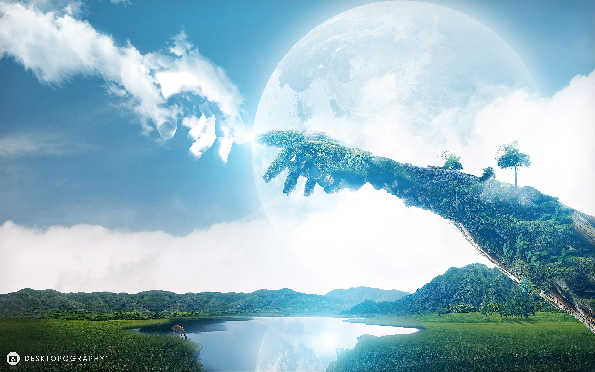 abstract, landscapes, planets, hills, fantasy art, antelope, lakes, Desktopography, reaching out, arms - desktop wallpaper