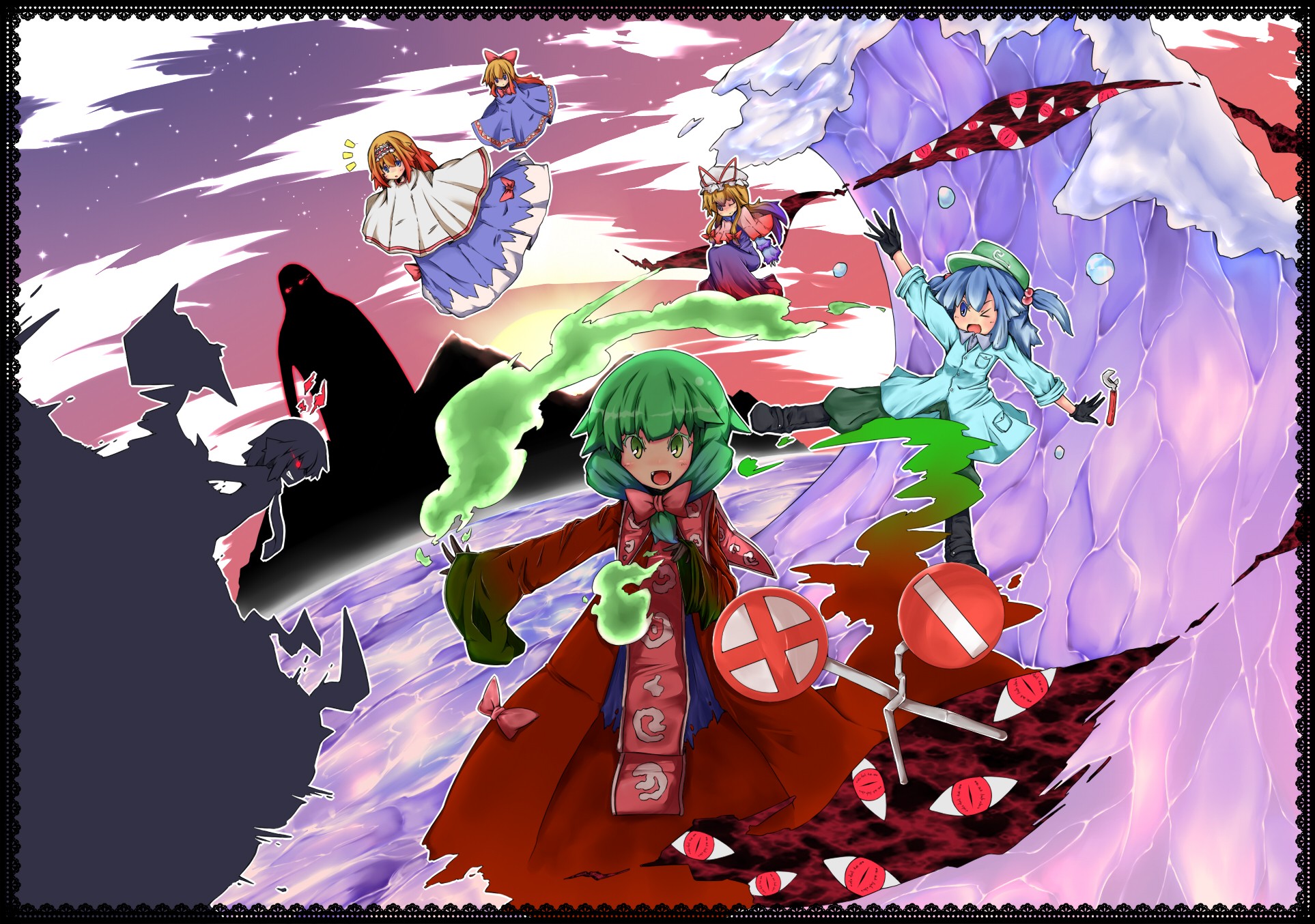 Touhou, Yakumo Yukari, Kawashiro Nitori, Alice Margatroid, Kagiyama Hina - desktop wallpaper