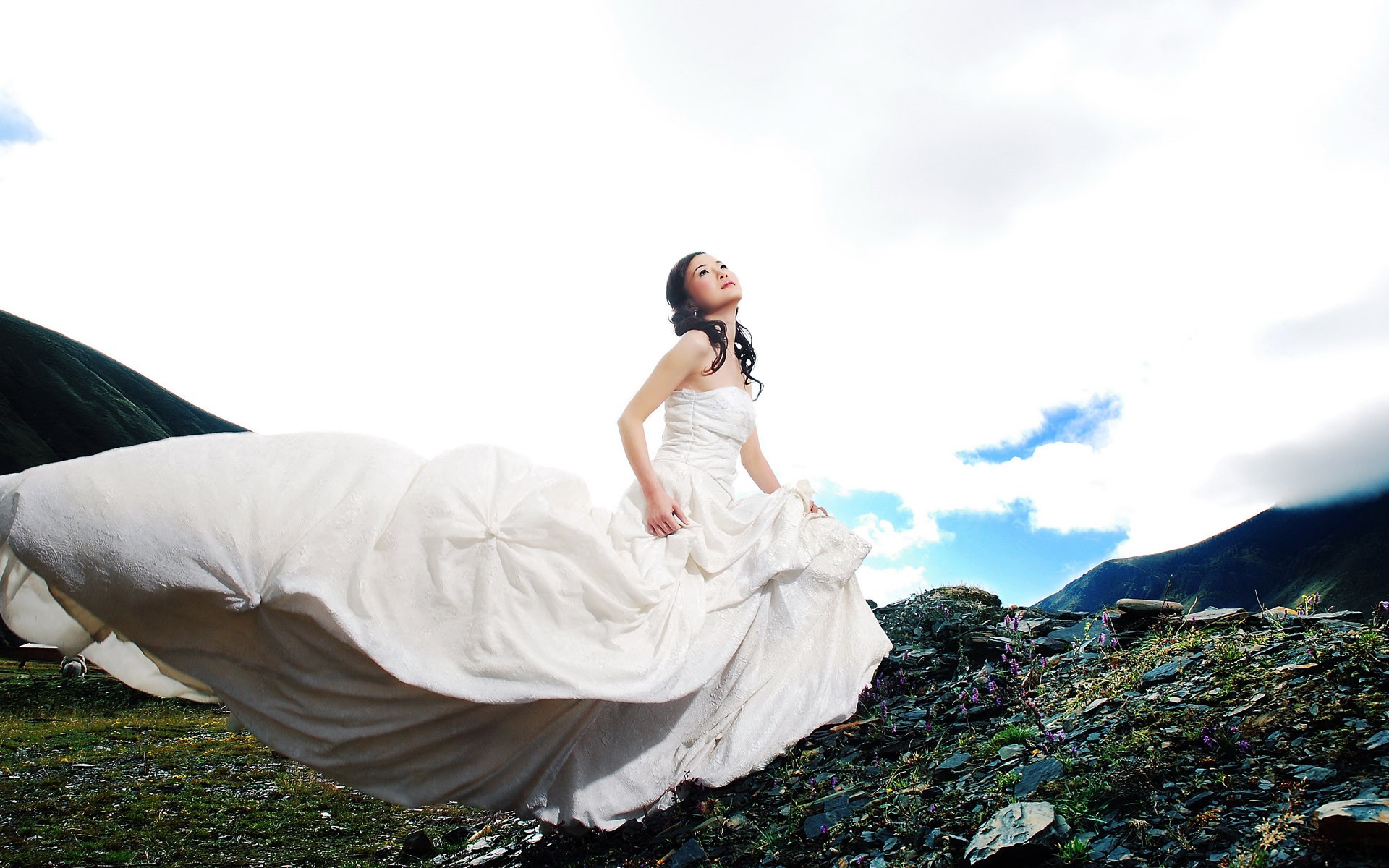 women, dress, brides, Asians, skyscapes - desktop wallpaper