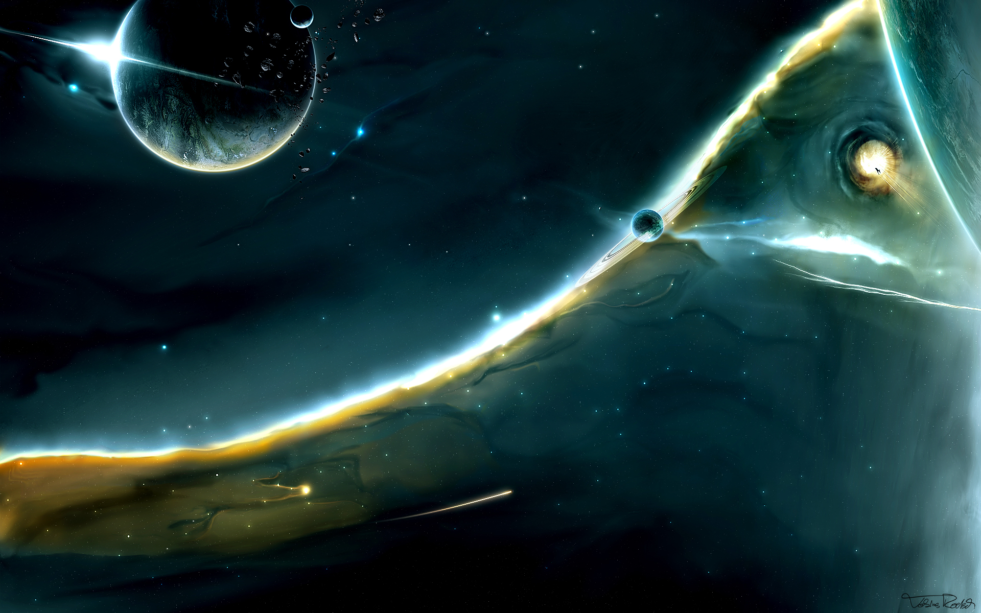 abstract, outer space, stars, planets, comet, wormhole - desktop wallpaper
