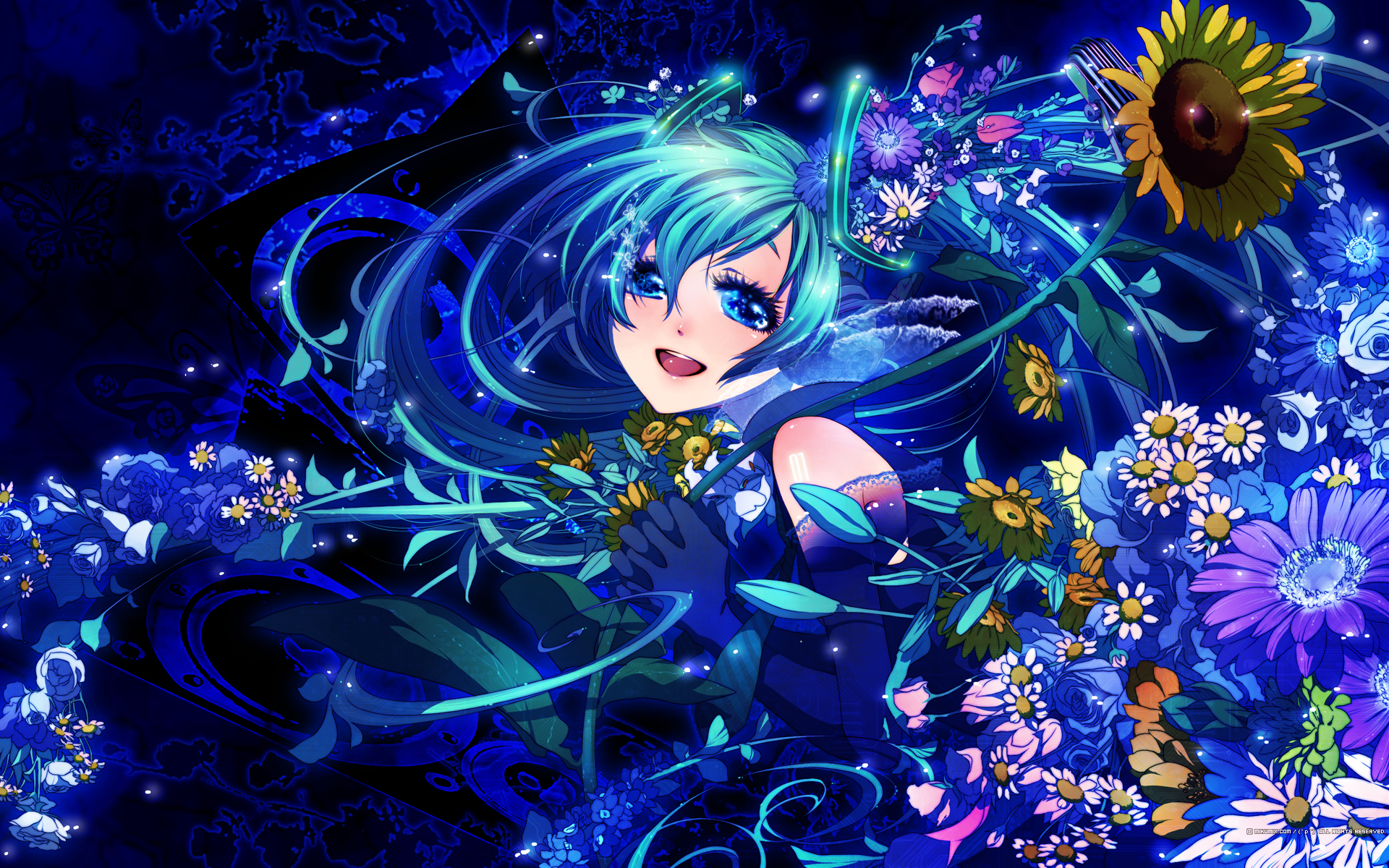 Vocaloid, flowers, Hatsune Miku, twintails, anime - desktop wallpaper