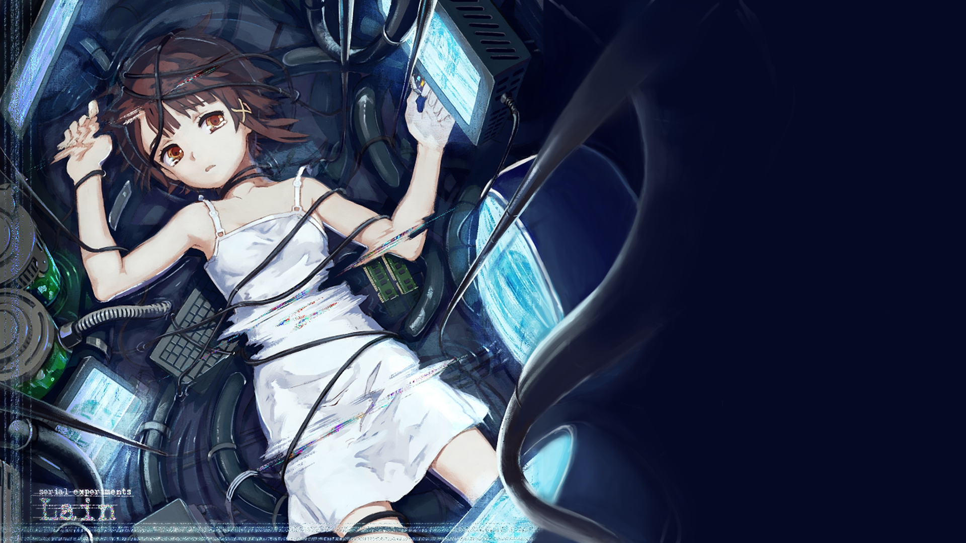 brunettes, computers, dress, Serial Experiments Lain, science fiction, crying, anime girls, cables, holographic - desktop wallpaper