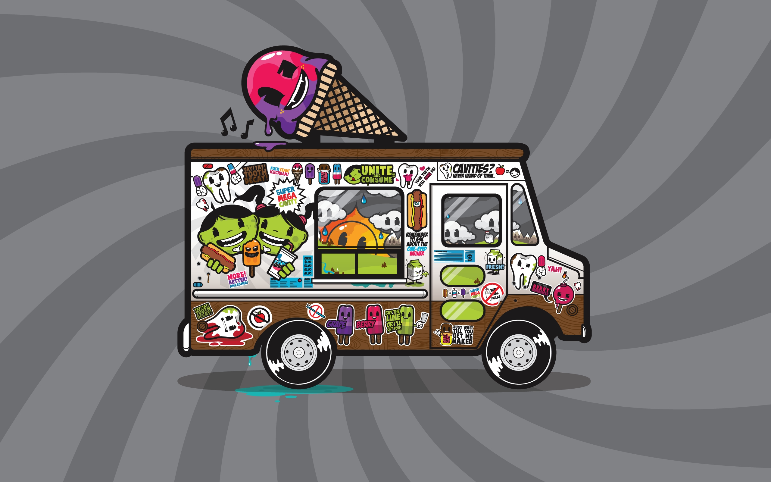 ice cream, trucks, vehicles, popsicles, JThree Concepts, vector art, grey background, Jared Nickerson - desktop wallpaper