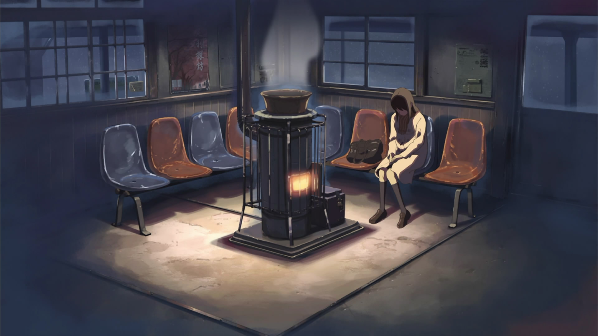 winter, smoke, Makoto Shinkai, chairs, 5 Centimeters Per Second - desktop wallpaper