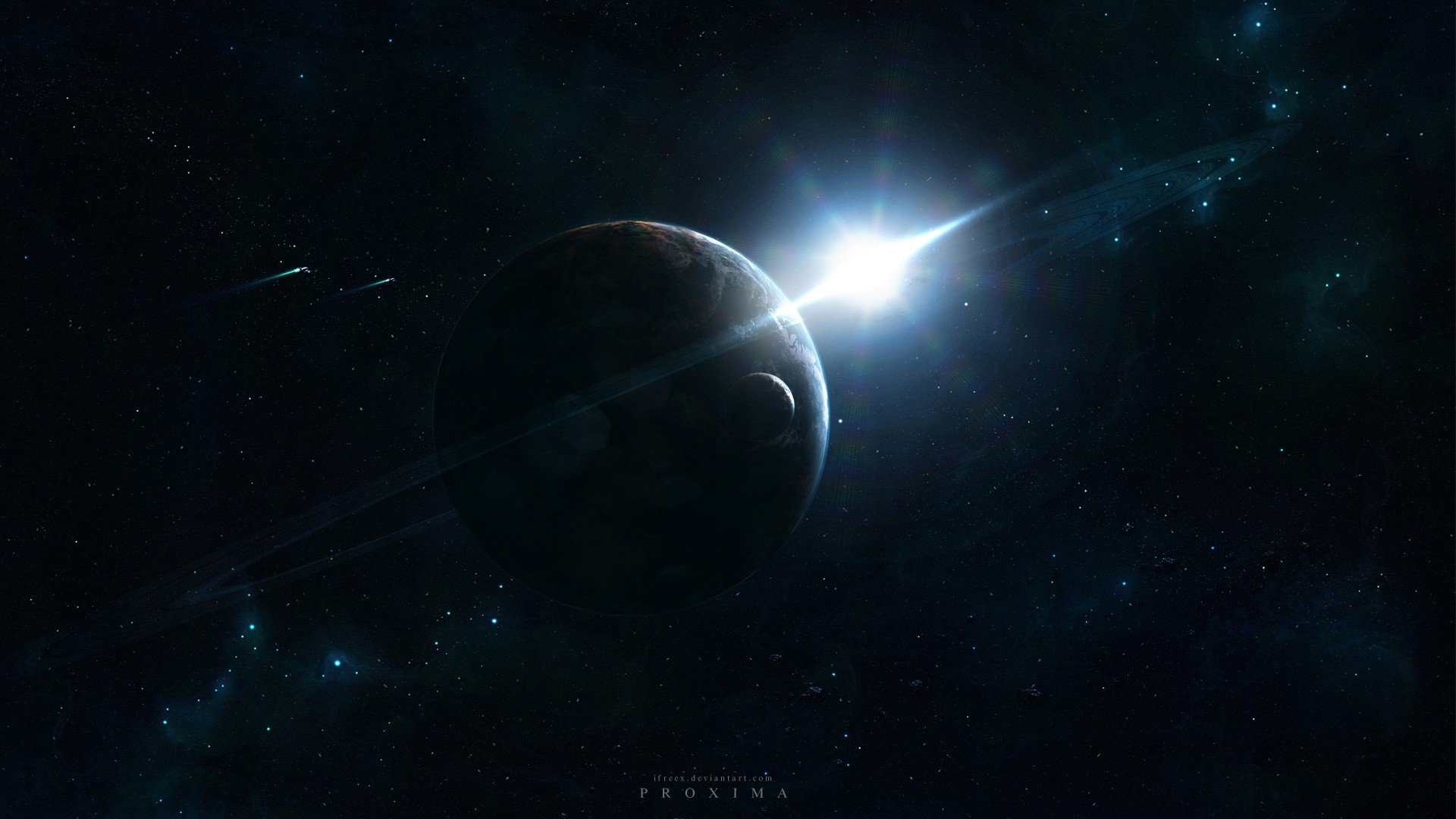 Sun, outer space, stars, planets, rings, spaceships - desktop wallpaper