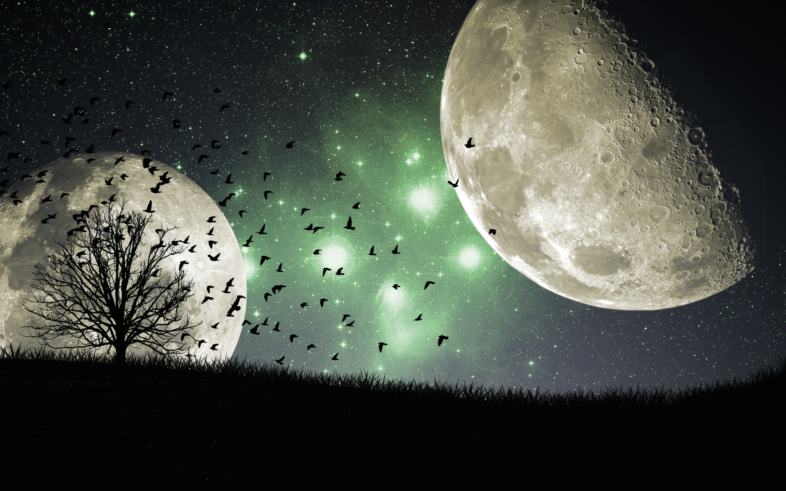 night, galaxies, Moon - desktop wallpaper