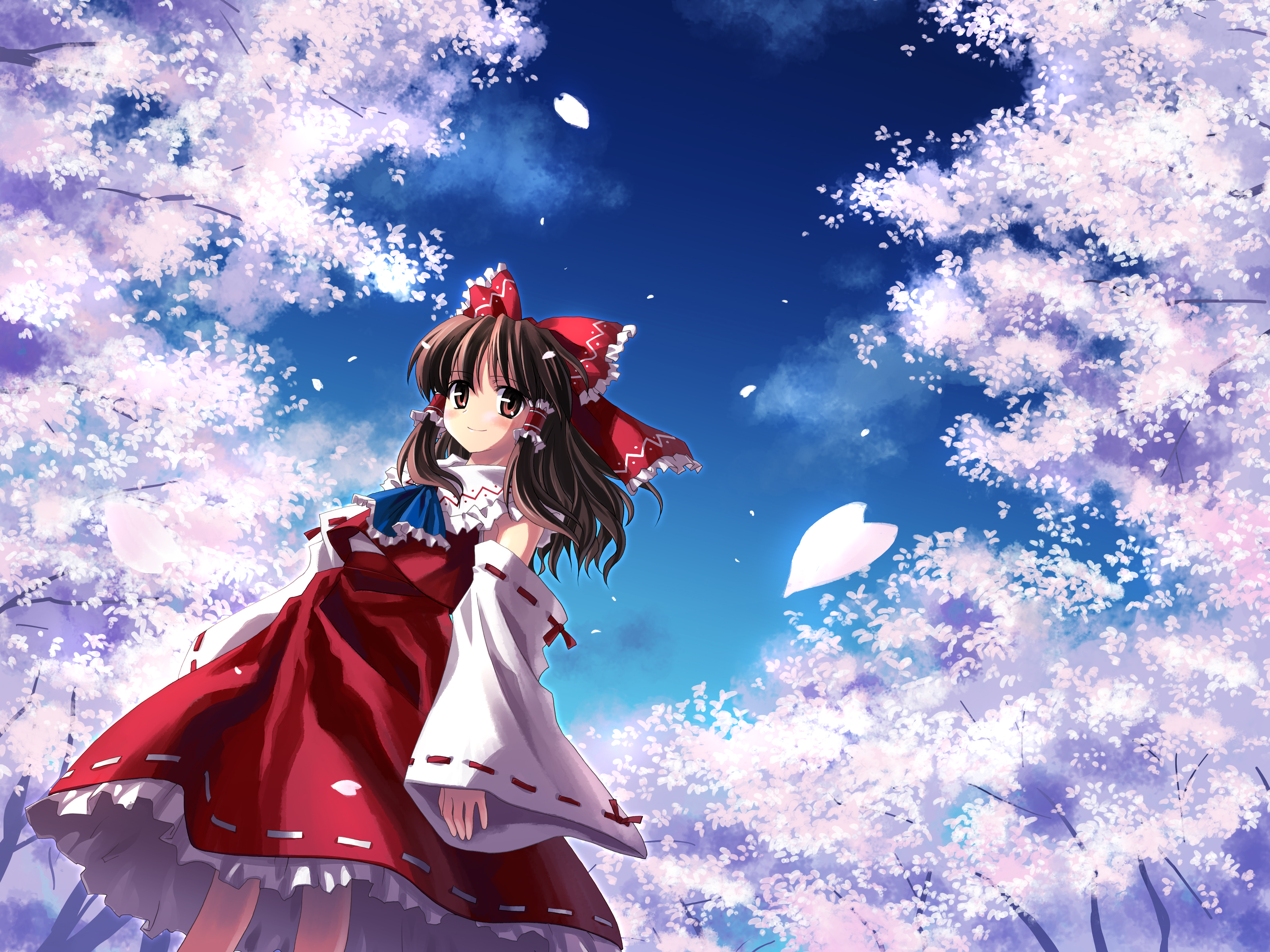 brunettes, video games, clouds, nature, Touhou, cherry blossoms, trees, dress, skirts, long hair, outdoors, Miko, red eyes, Hakurei Reimu, bows, red dress, flower petals, Japanese clothes, anime girls, detached sleeves, hair ornaments, bangs, skies, bare  - desktop wallpaper