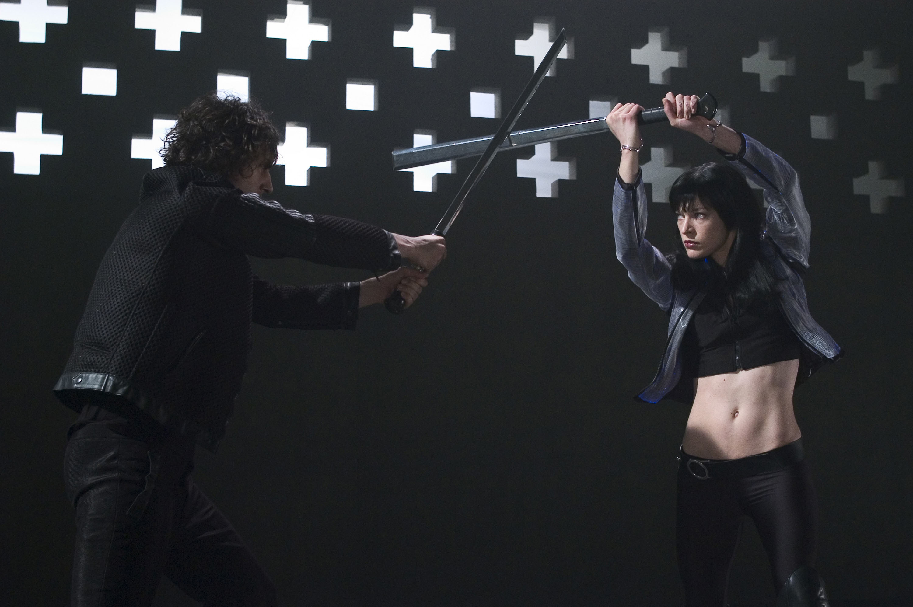 actress, Ultraviolet, Milla Jovovich, swords - desktop wallpaper