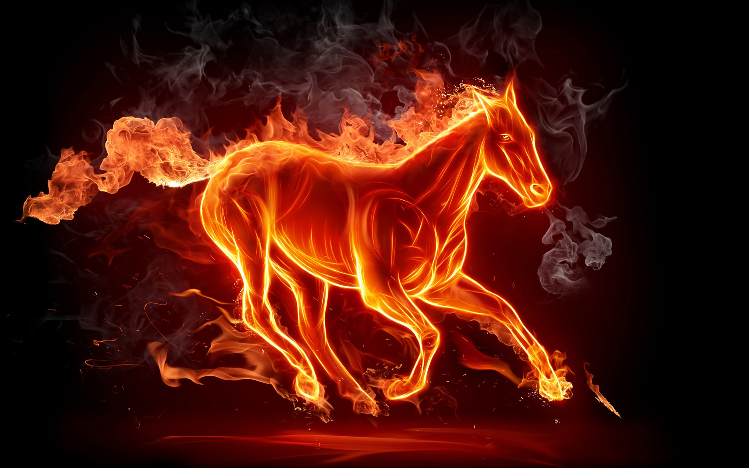 fire, horses, black background - desktop wallpaper