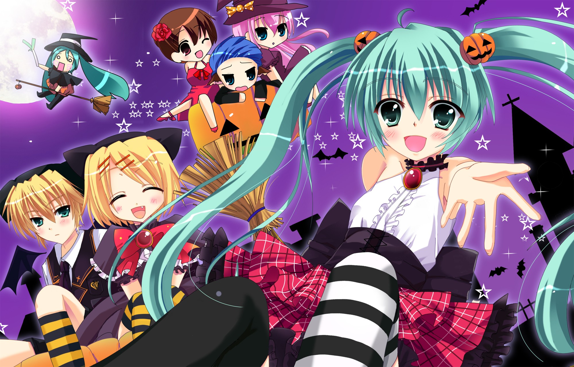 Vocaloid, Hatsune Miku, Halloween, Megurine Luka, Kaito (Vocaloid), Kagamine Rin, Kagamine Len, Meiko, striped legwear - desktop wallpaper