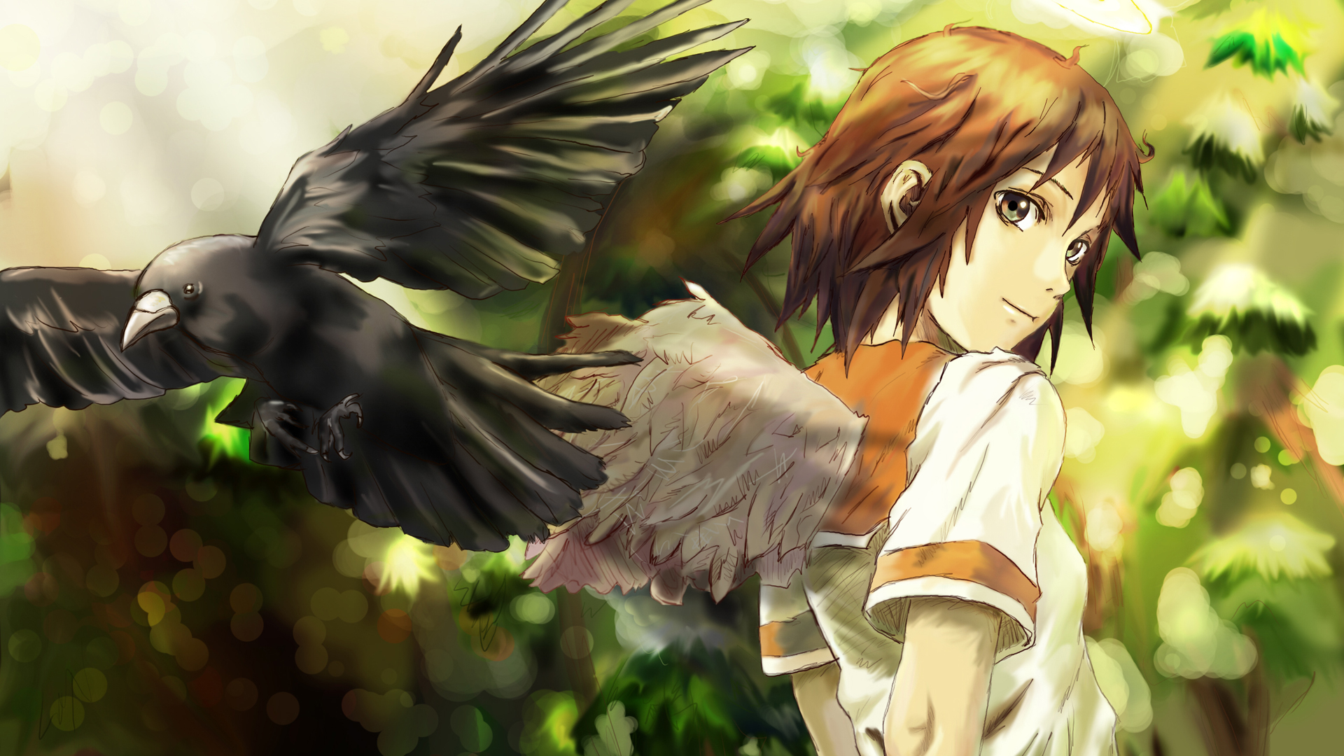 angels, wings, Haibane Renmei, rakka, school uniforms, anime girls, halos - desktop wallpaper