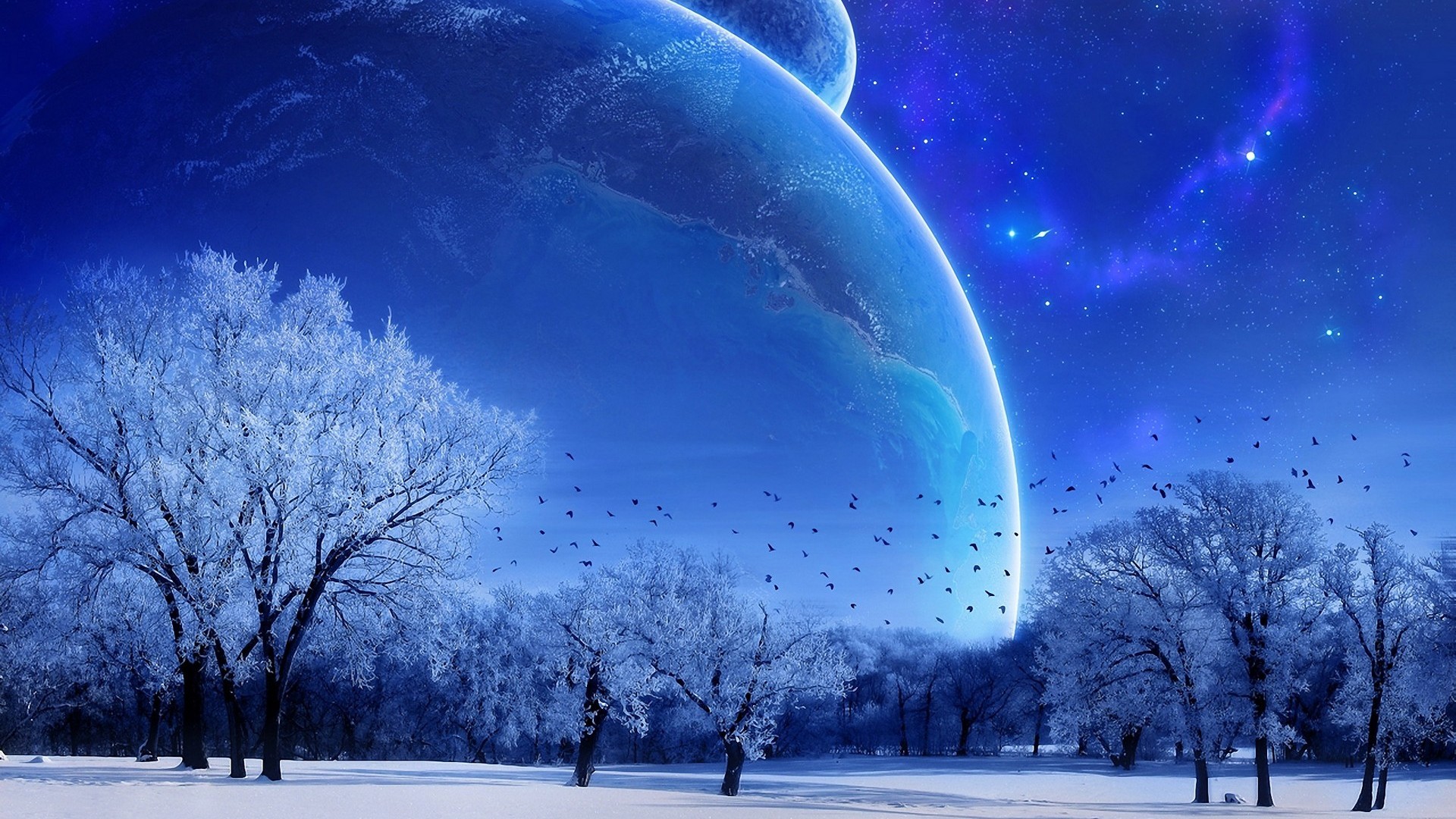 snow, stars, planets - desktop wallpaper