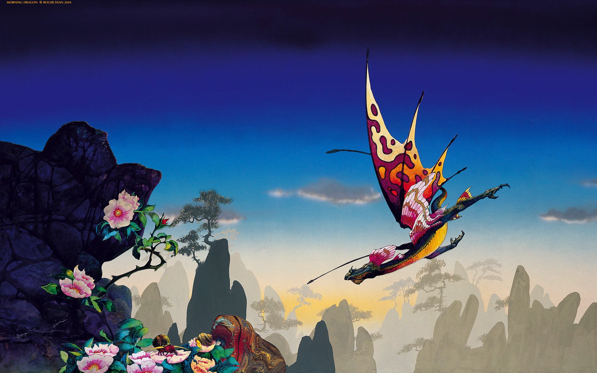 dragons, flowers, fantasy art, Roger Dean, artwork - desktop wallpaper