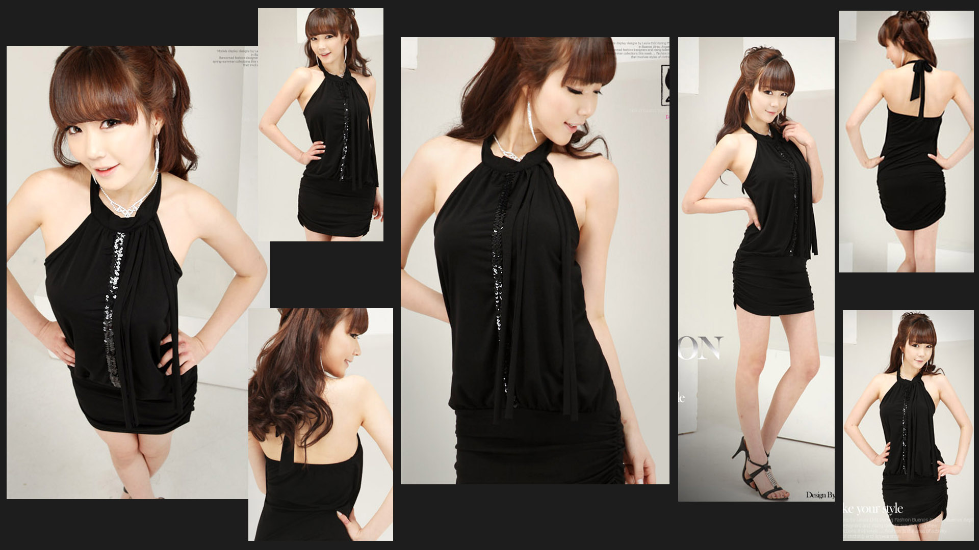 brunettes, women, Asians, black dress, bangs - desktop wallpaper