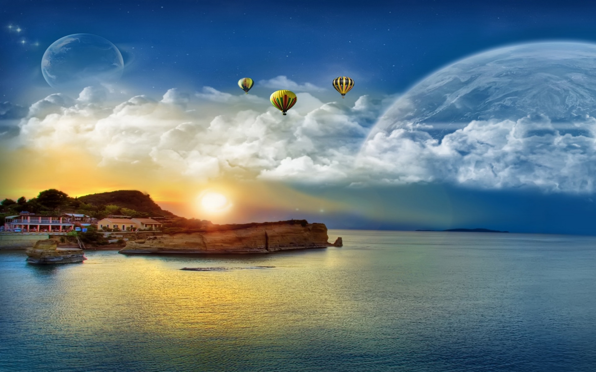 abstract, ocean, Sun, aircraft, islands, vehicles, hot air balloons, sea - desktop wallpaper