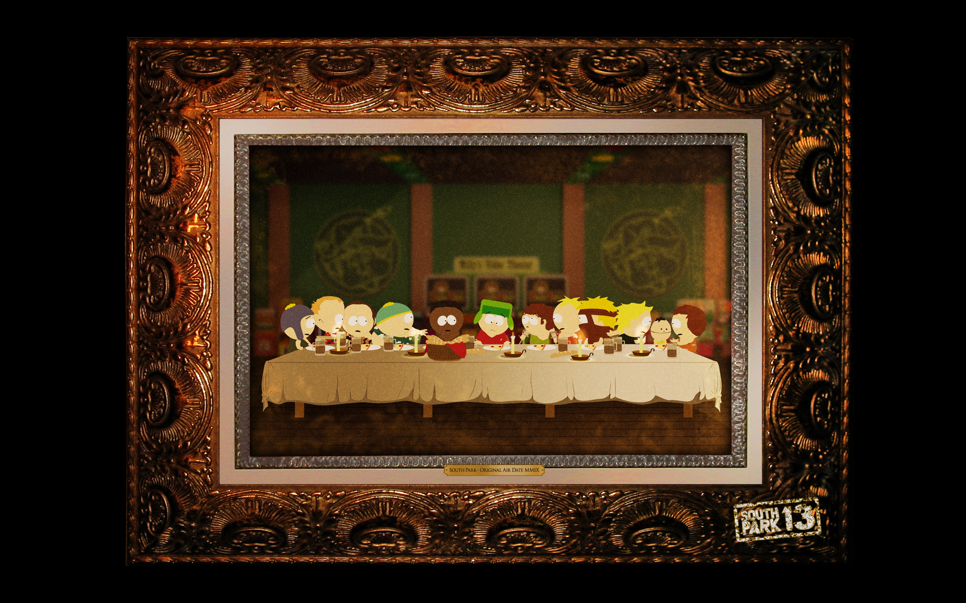 South Park, parody, The Last Supper, frames, Eric Cartman, Kyle Broflovski, Ike Broflovski, Butters Stotch - desktop wallpaper