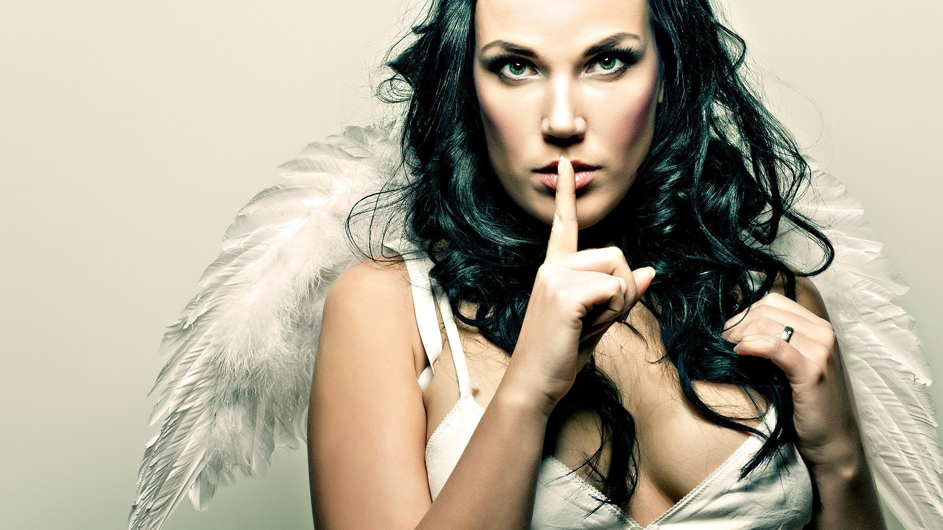 women, wings, green eyes, silence, angel wings, black hair, fingers on lips - desktop wallpaper