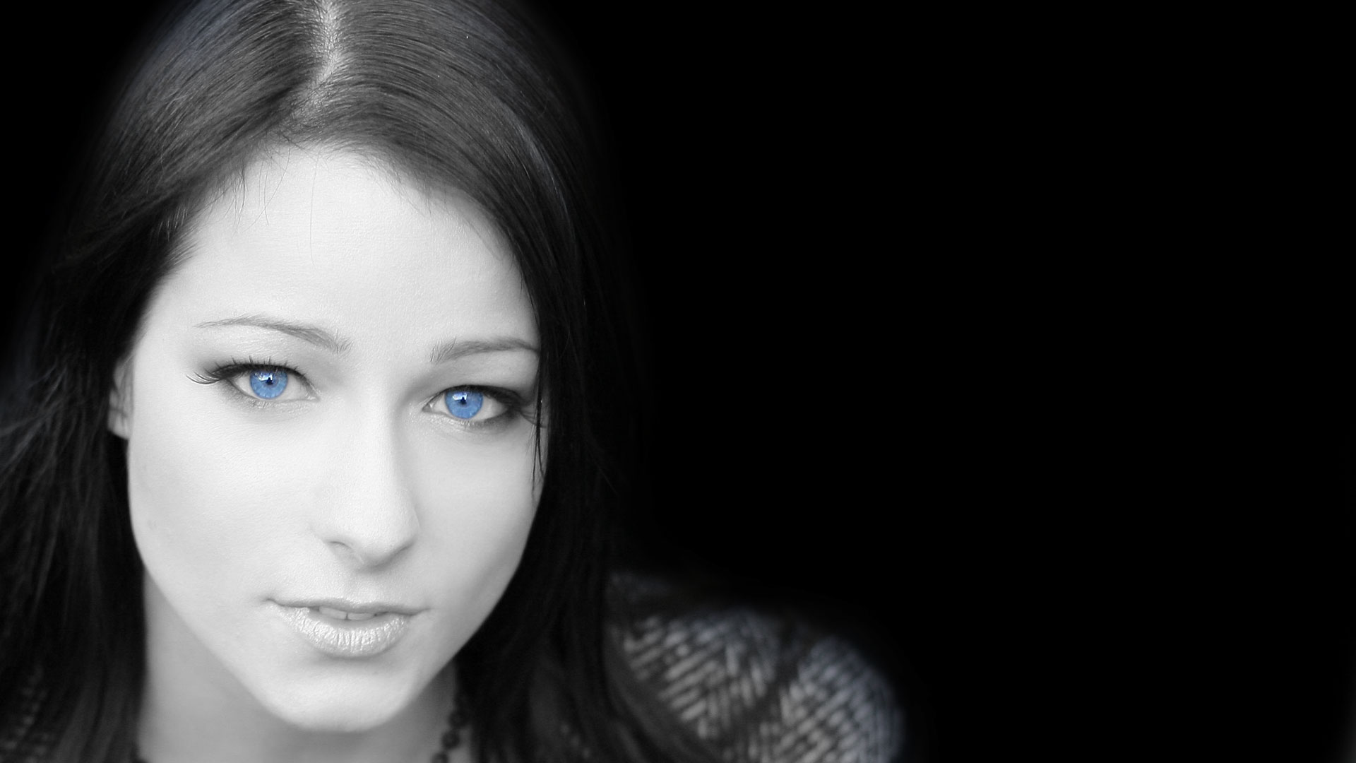 brunettes, women, blue eyes, Carrie, selective coloring, Kristina Uhrinova, black background - desktop wallpaper