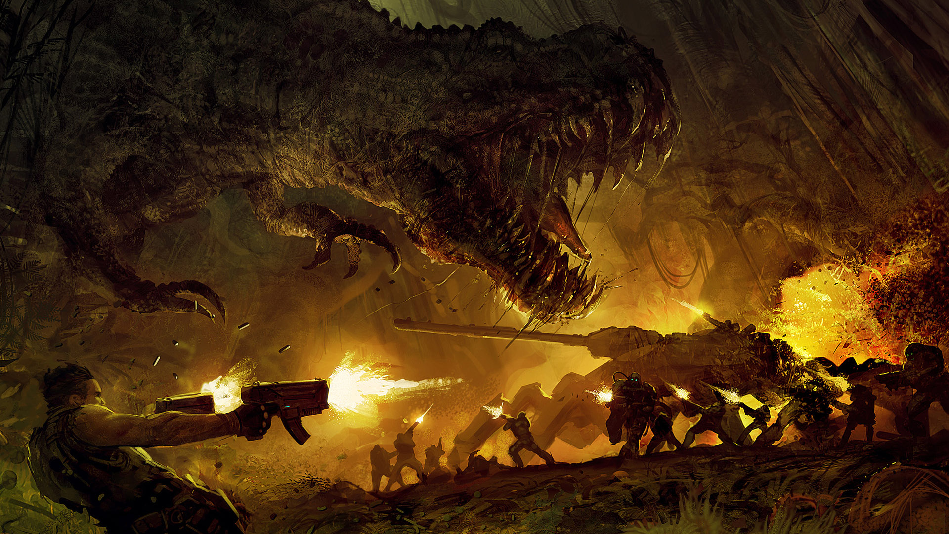 military, fire, dinosaurs, weapons, Turok, fantasy art, artwork - desktop wallpaper