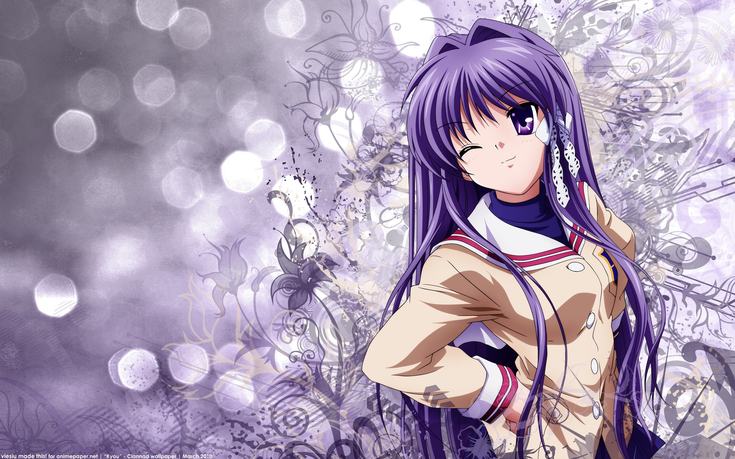 long hair, Clannad, purple hair, Clannad After Story, seifuku, Fujibayashi Kyou, purple eyes - desktop wallpaper