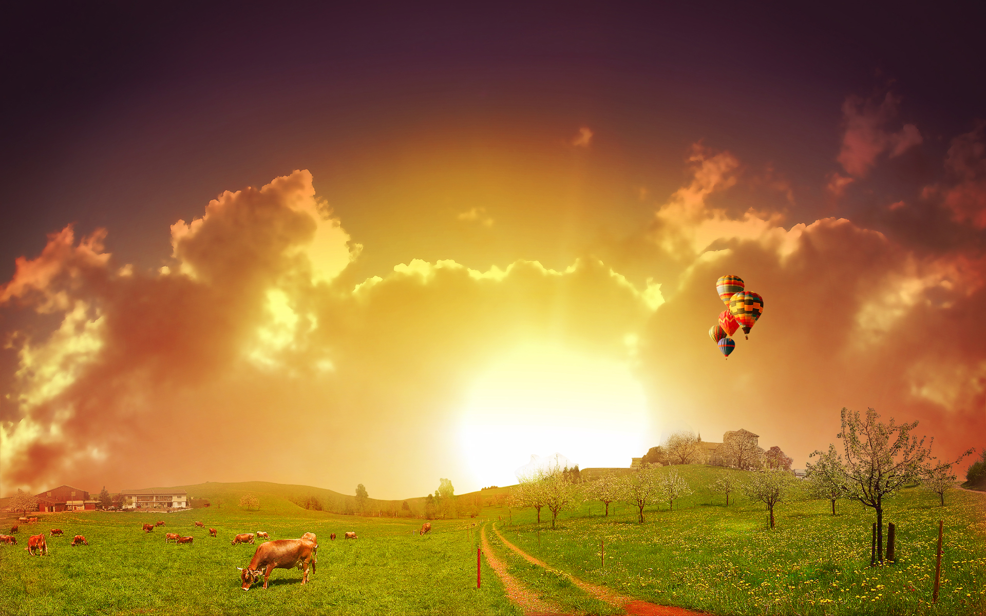 clouds, landscapes, nature, balloons, photo manipulation - desktop wallpaper