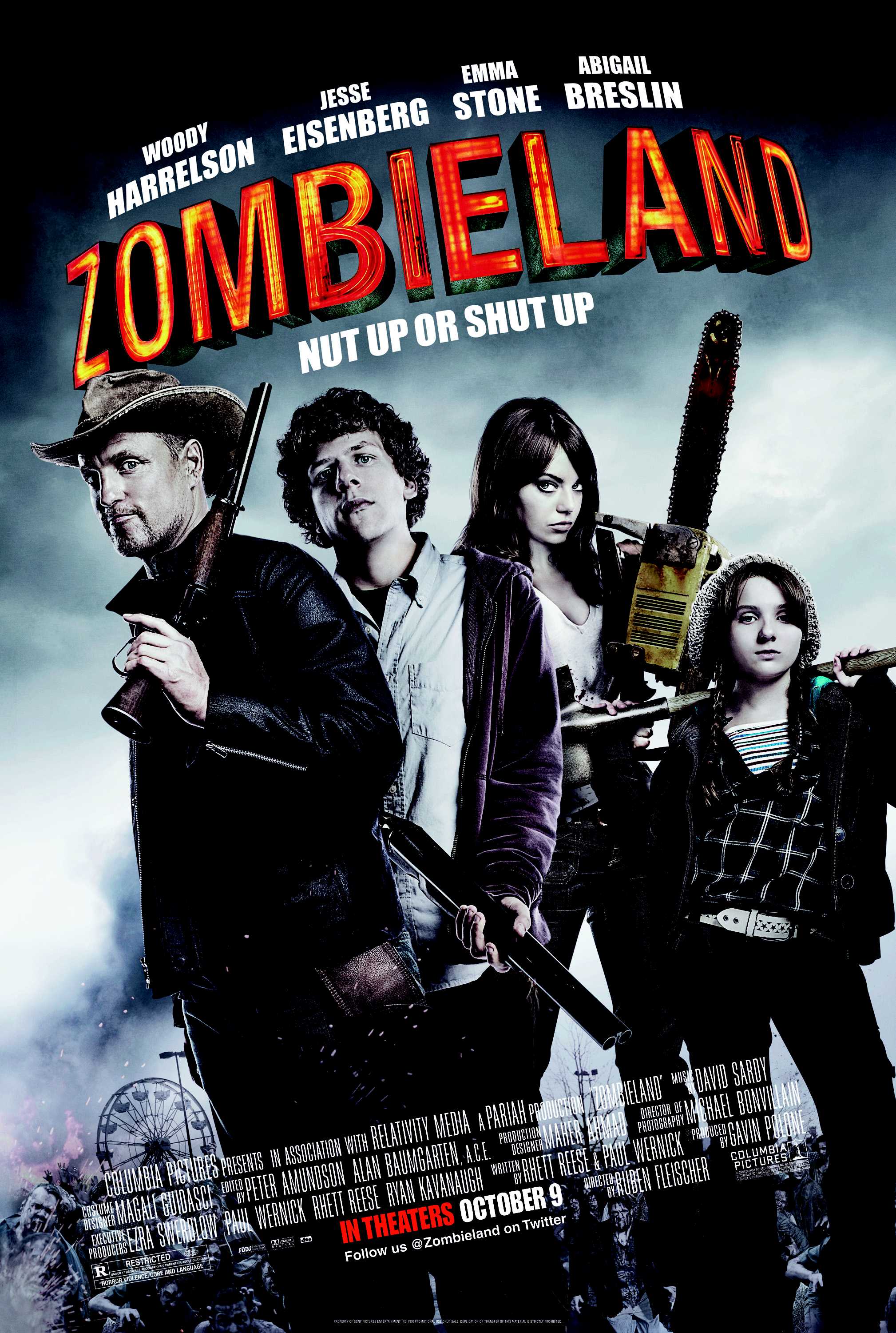 Emma Stone, Zombieland, Abigail Breslin, Jesse Eisenberg, Woody Harrelson, movie posters - desktop wallpaper