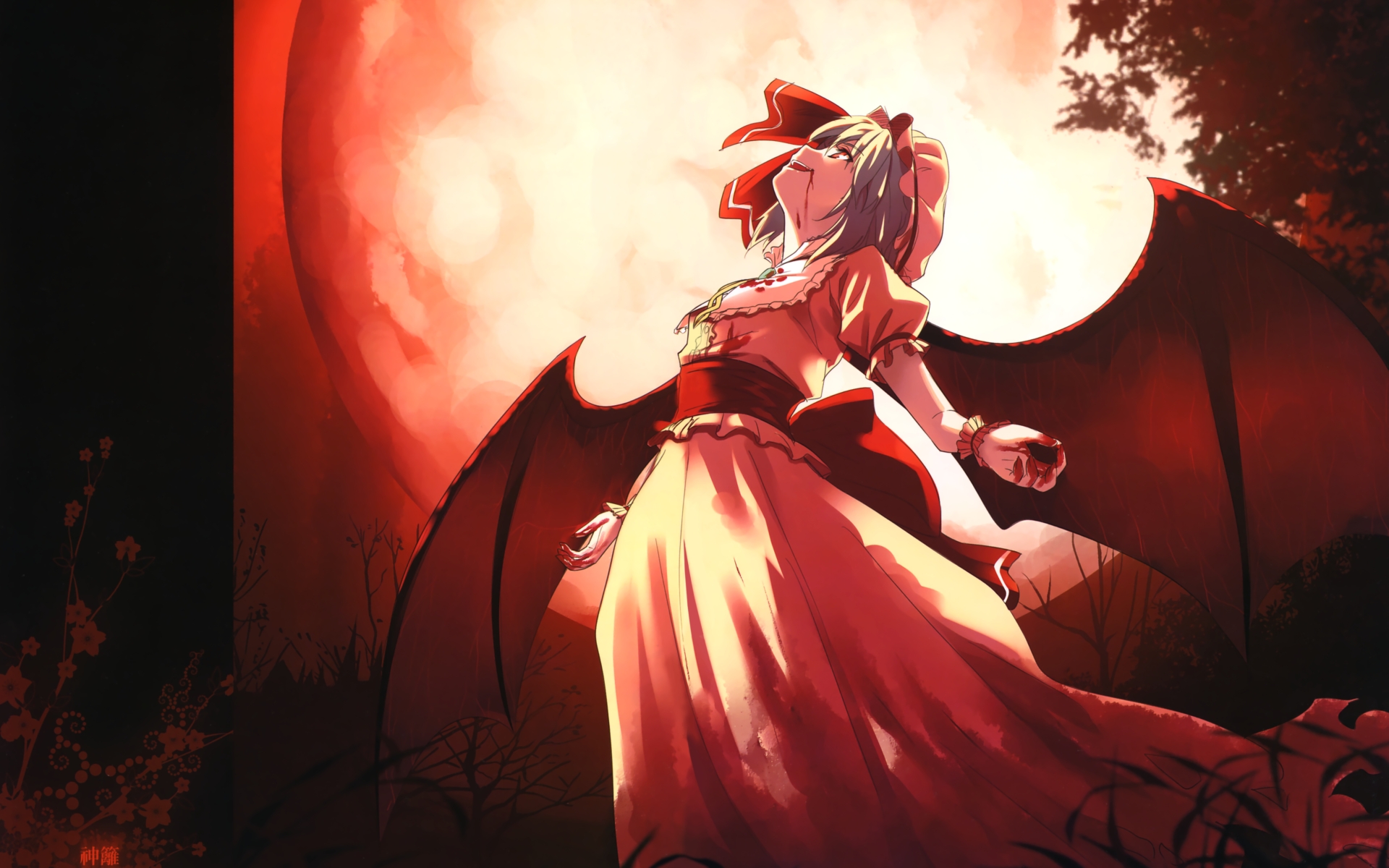 Touhou, wings, blood, vampires, Full Moon, Remilia Scarlet, anime girls - desktop wallpaper