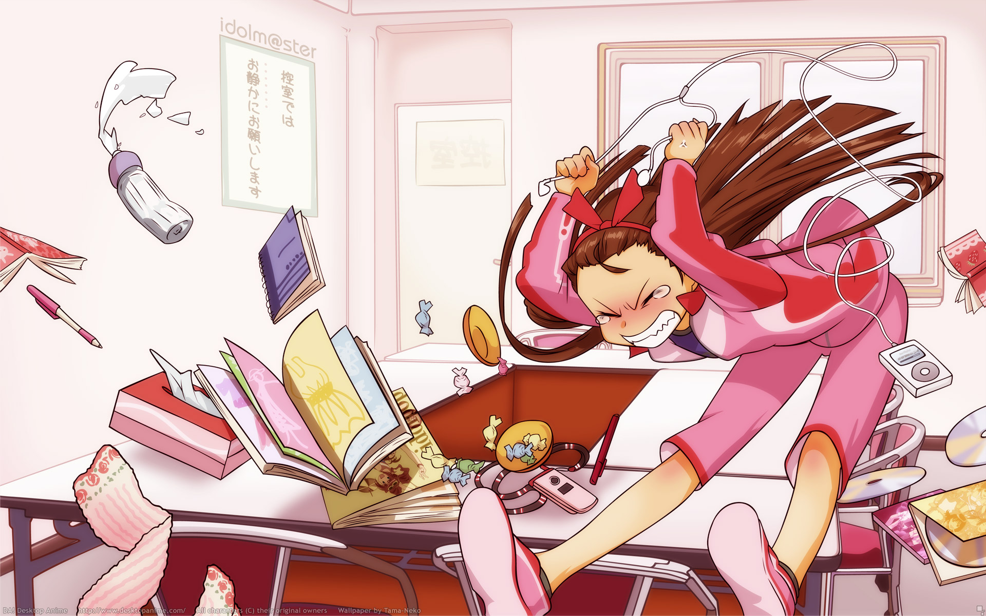 headphones, brunettes, music, iPod, books, anime, anime girls, Minase Iori, Idolmaster - desktop wallpaper