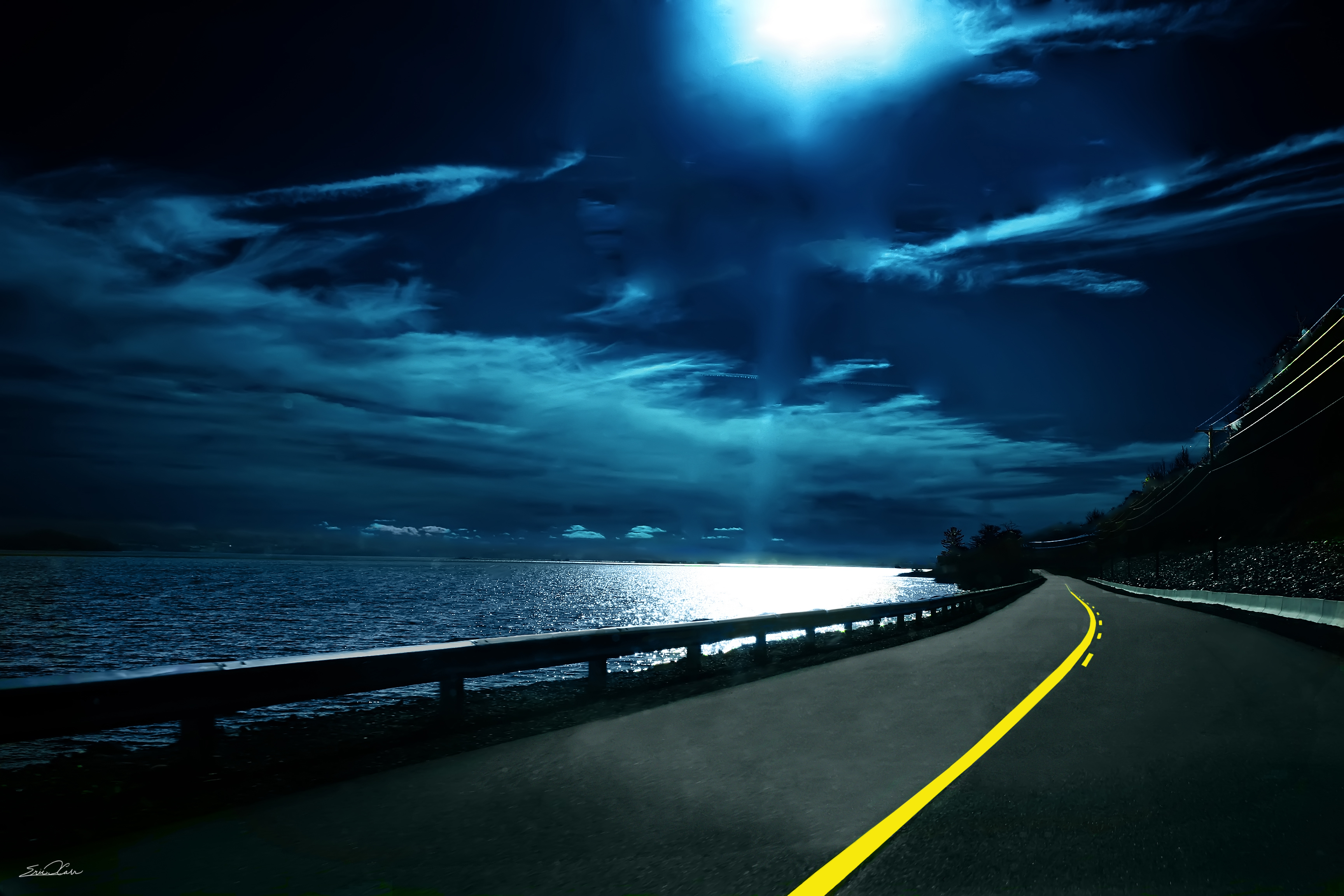 ocean, landscapes, night, moonlight, roads - desktop wallpaper