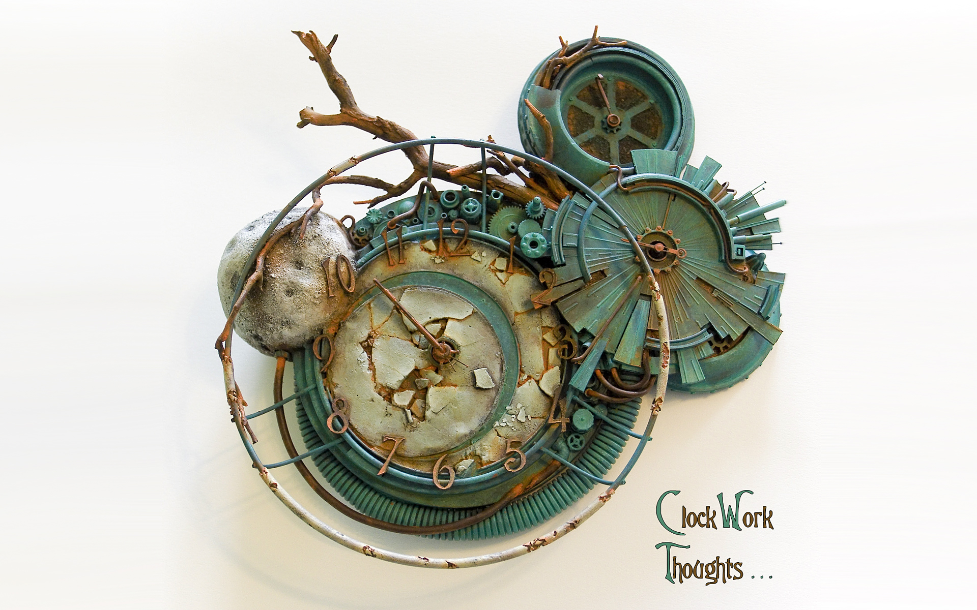 blue, broken, clocks, gears, dial, rusted, watches, branches, white background - desktop wallpaper