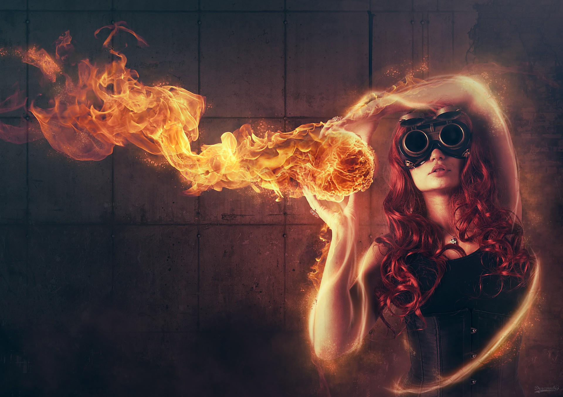 women, flames, fire, digital art, Anne, photo manipulation, Roderique Arisiaman aka Dracorubio, fire dancing, fireball, burning - desktop wallpaper