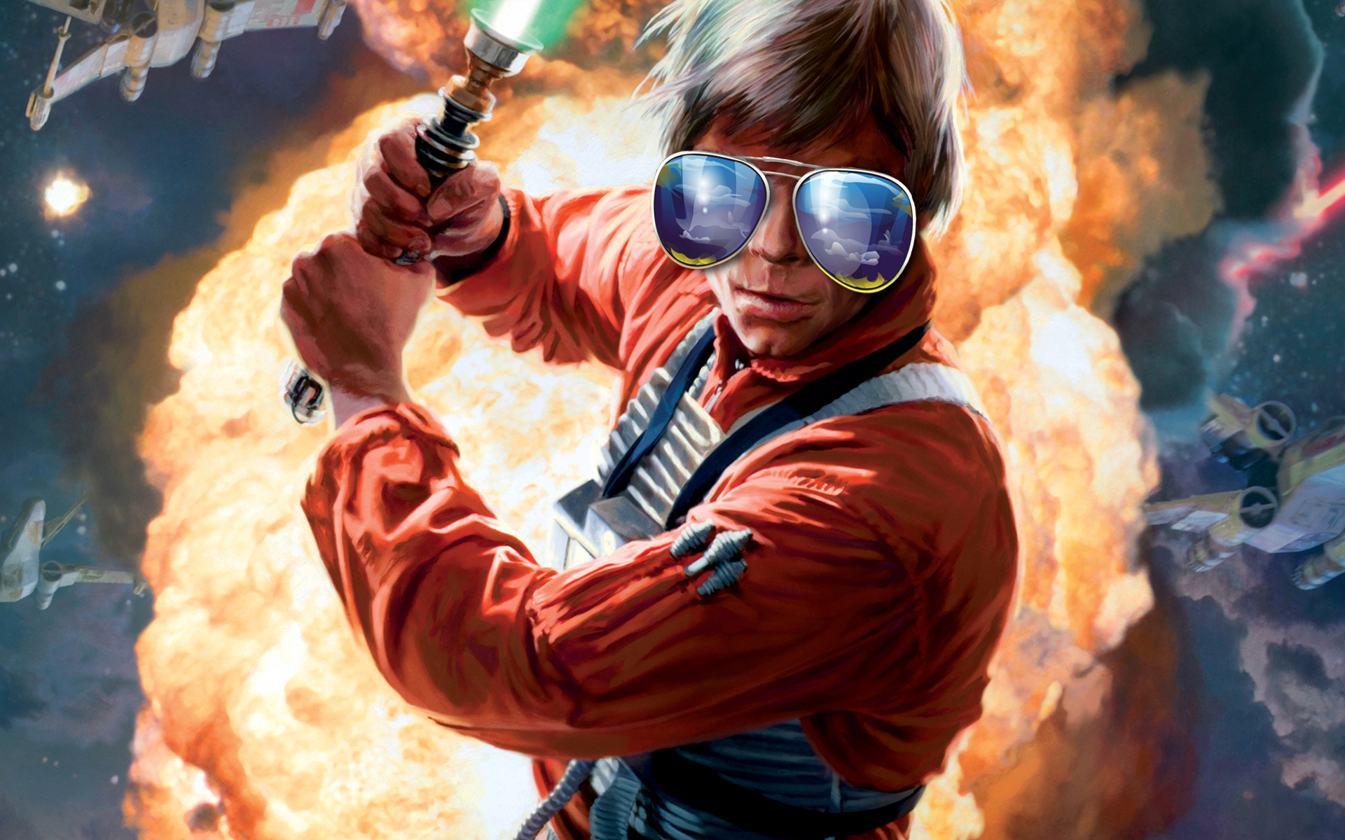 Star Wars, orange, lightsabers, glasses, Luke Skywalker, aviator - desktop wallpaper