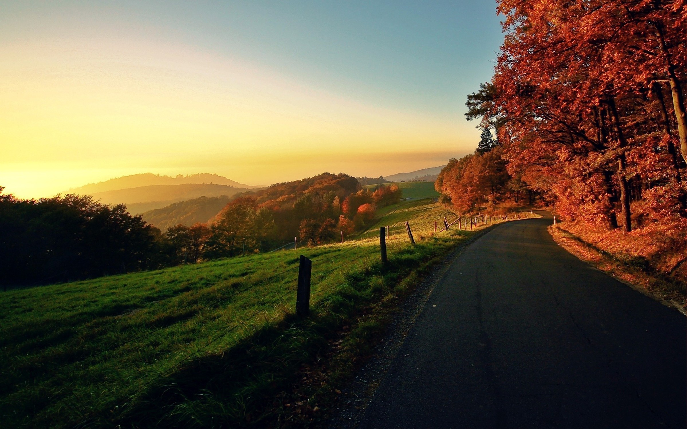 sunset, landscapes, nature, trees, autumn, hills, roads - desktop wallpaper
