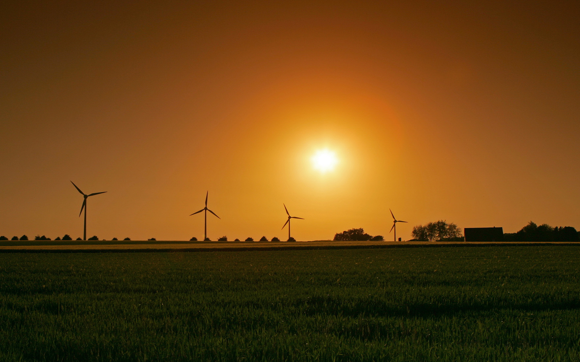 sunset, landscapes, grass, fields, wind turbines - desktop wallpaper