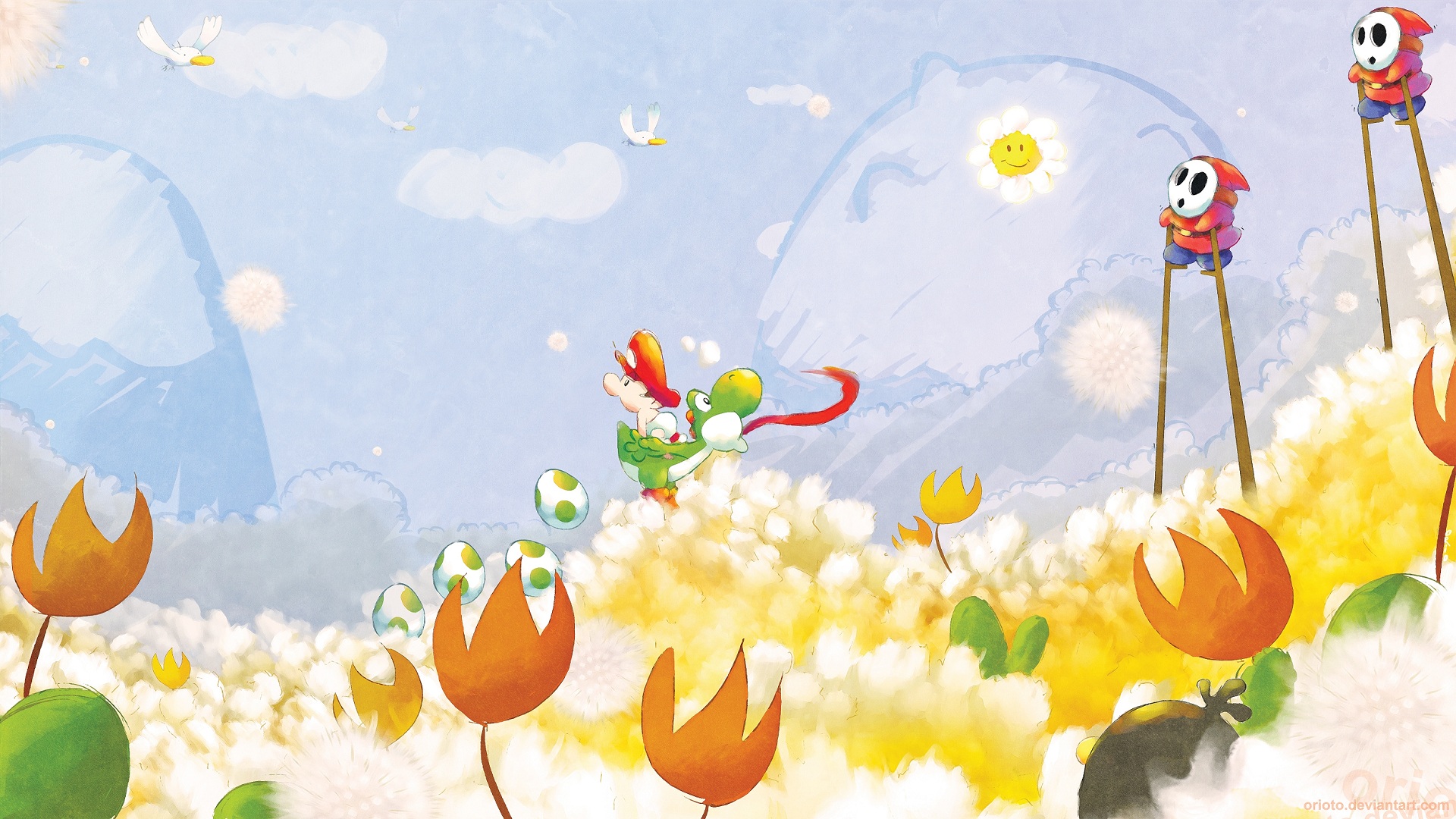 eggs, flowers, Mario, Yoshi, Shy Guy - desktop wallpaper