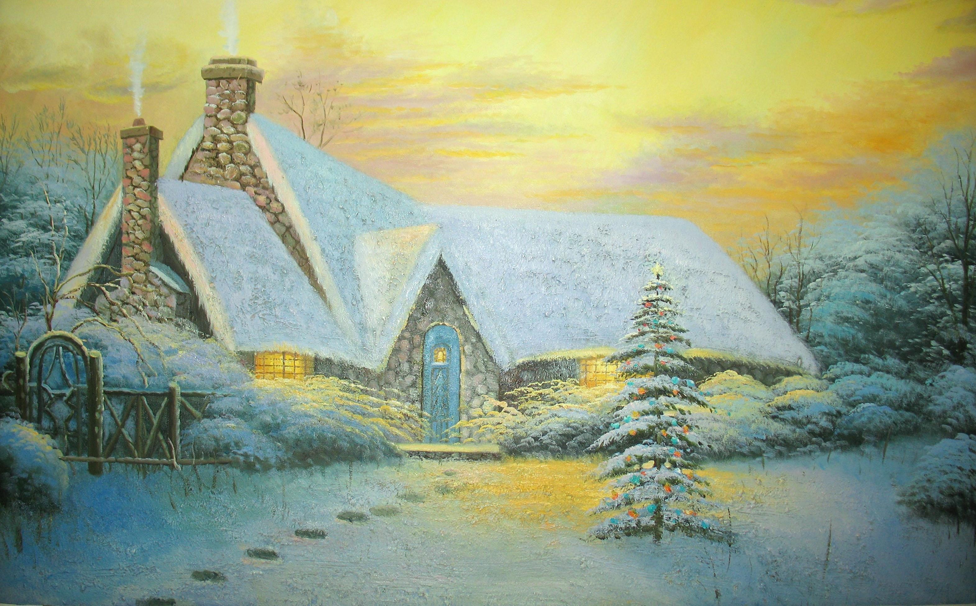 winter, snow, trees, houses, Christmas - desktop wallpaper