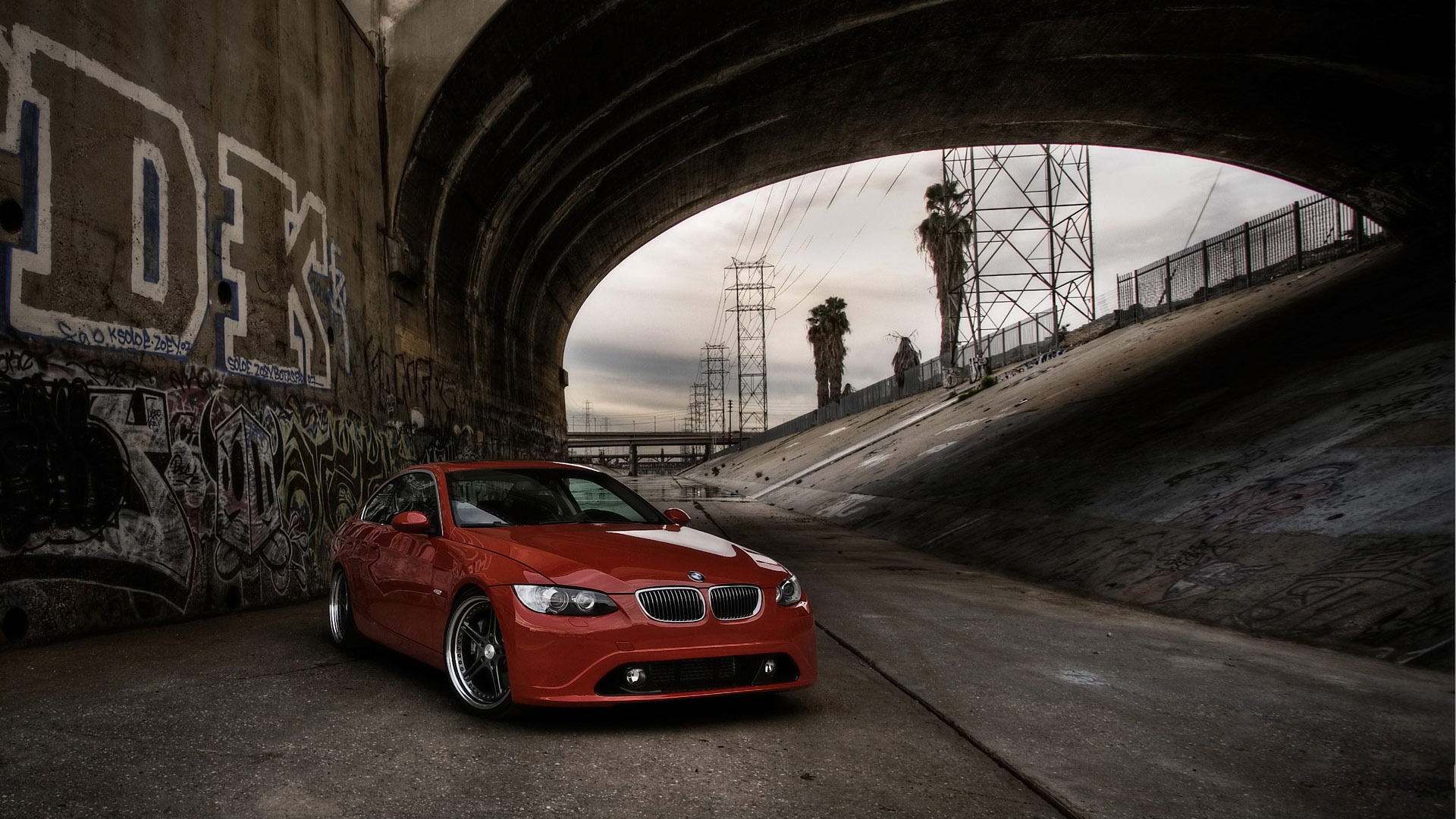 BMW, cars, Los Angeles, overcast, palm trees, LA River - desktop wallpaper