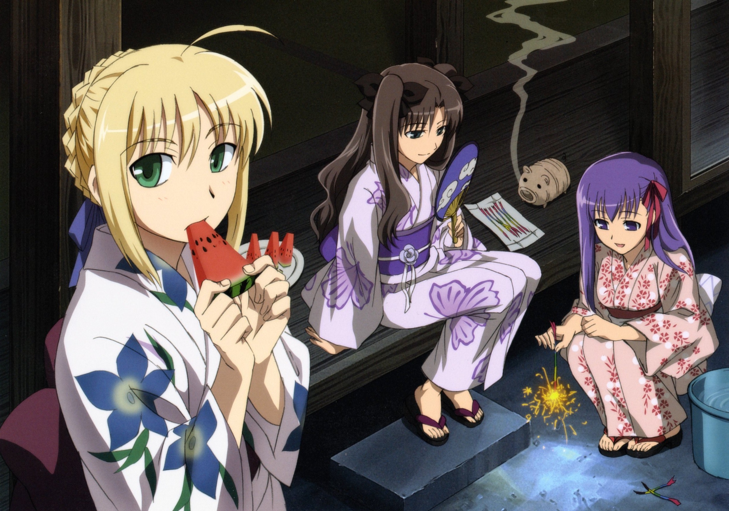 Fate/Stay Night, Tohsaka Rin, Saber, Matou Sakura, Japanese clothes, Fate series - desktop wallpaper