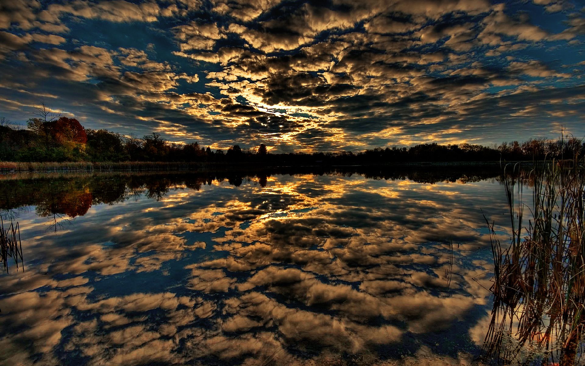 water, clouds, trees, HDR photography, reflections - desktop wallpaper