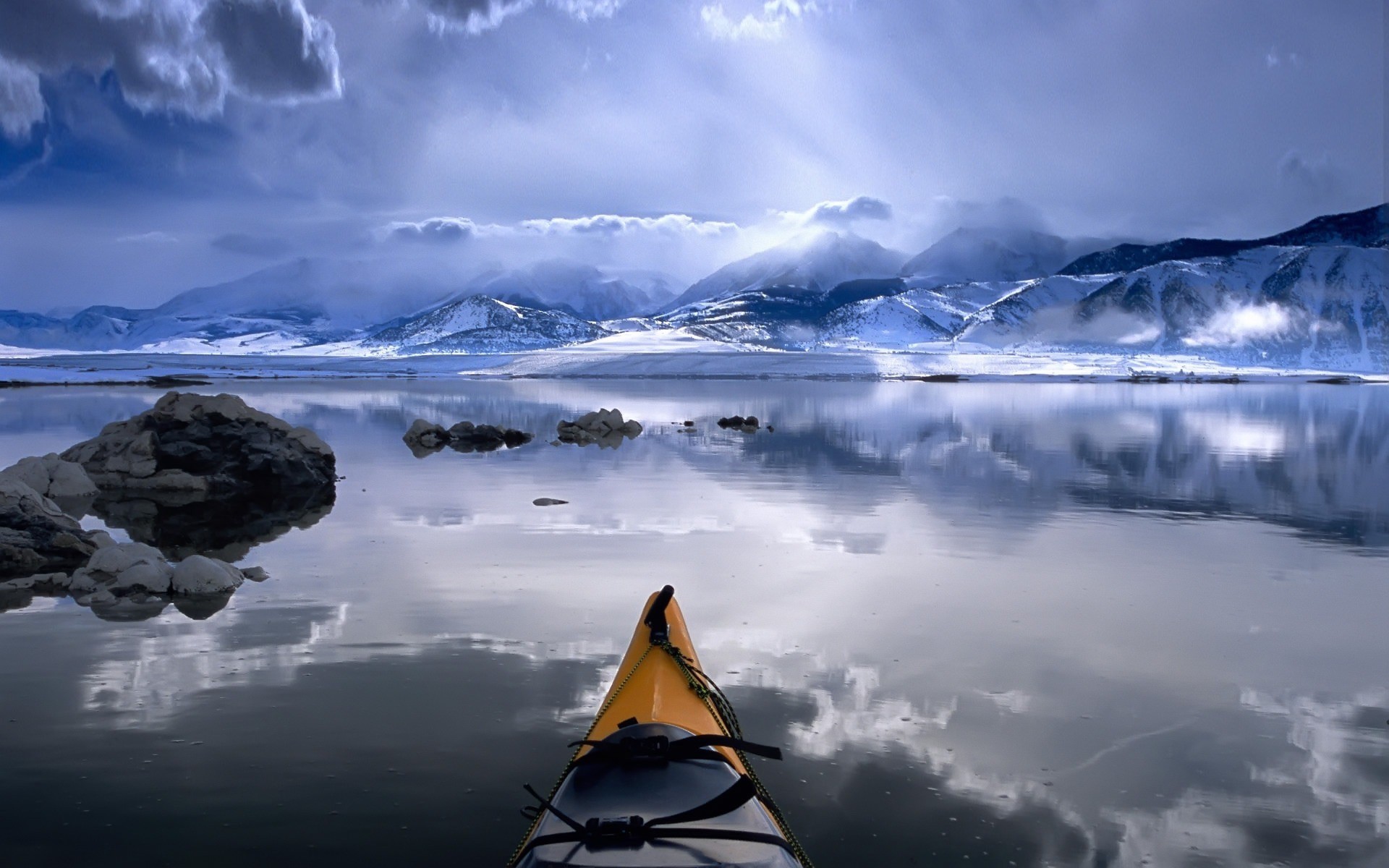 mountains, winter, snow, California, lakes, kayak, Mono Lake - desktop wallpaper