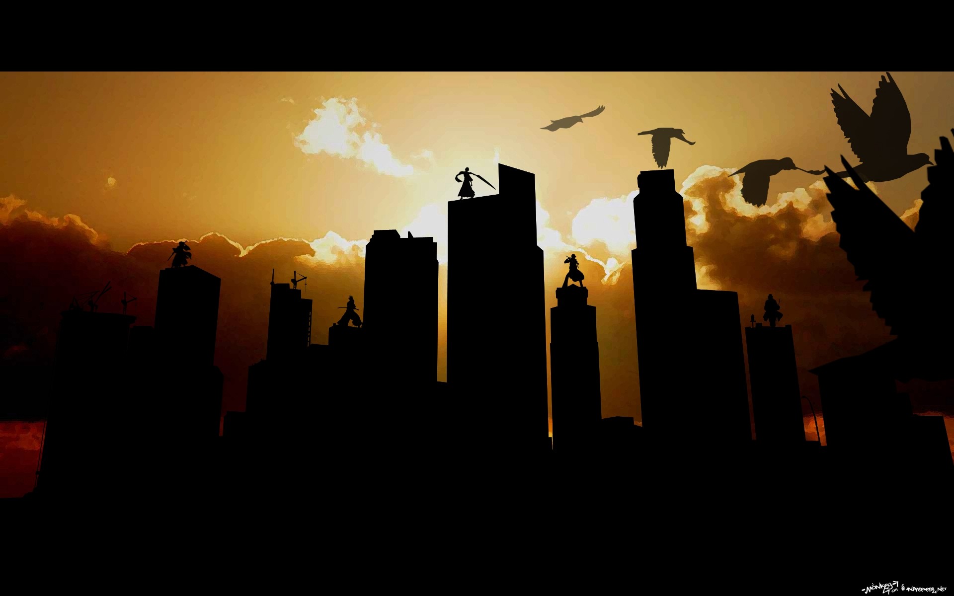 Bleach, Kurosaki Ichigo, silhouettes, Urahara Kisuke, shinigami, Abarai Renji, city skyline - desktop wallpaper