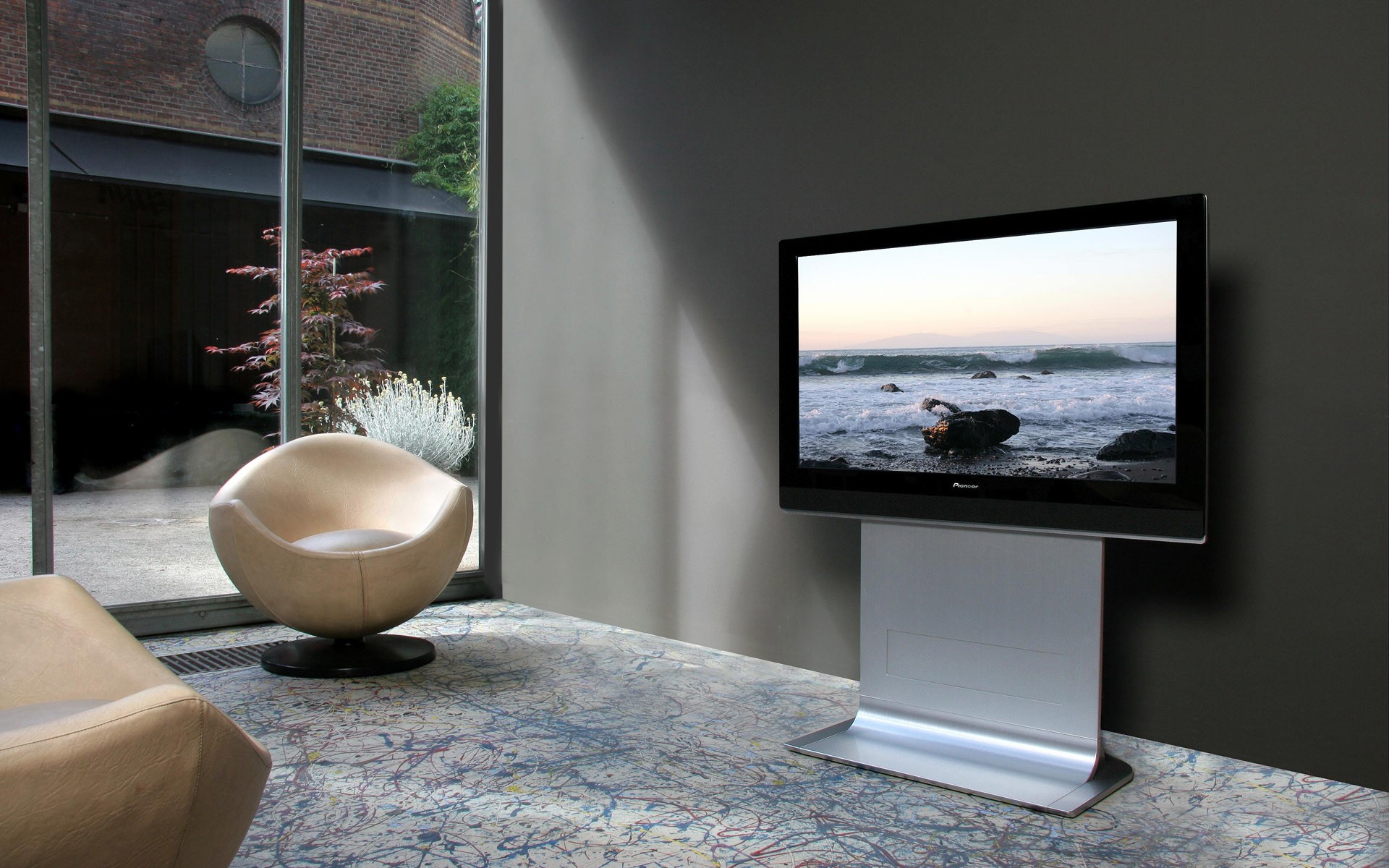 TV, couch, trees, room, interior - desktop wallpaper