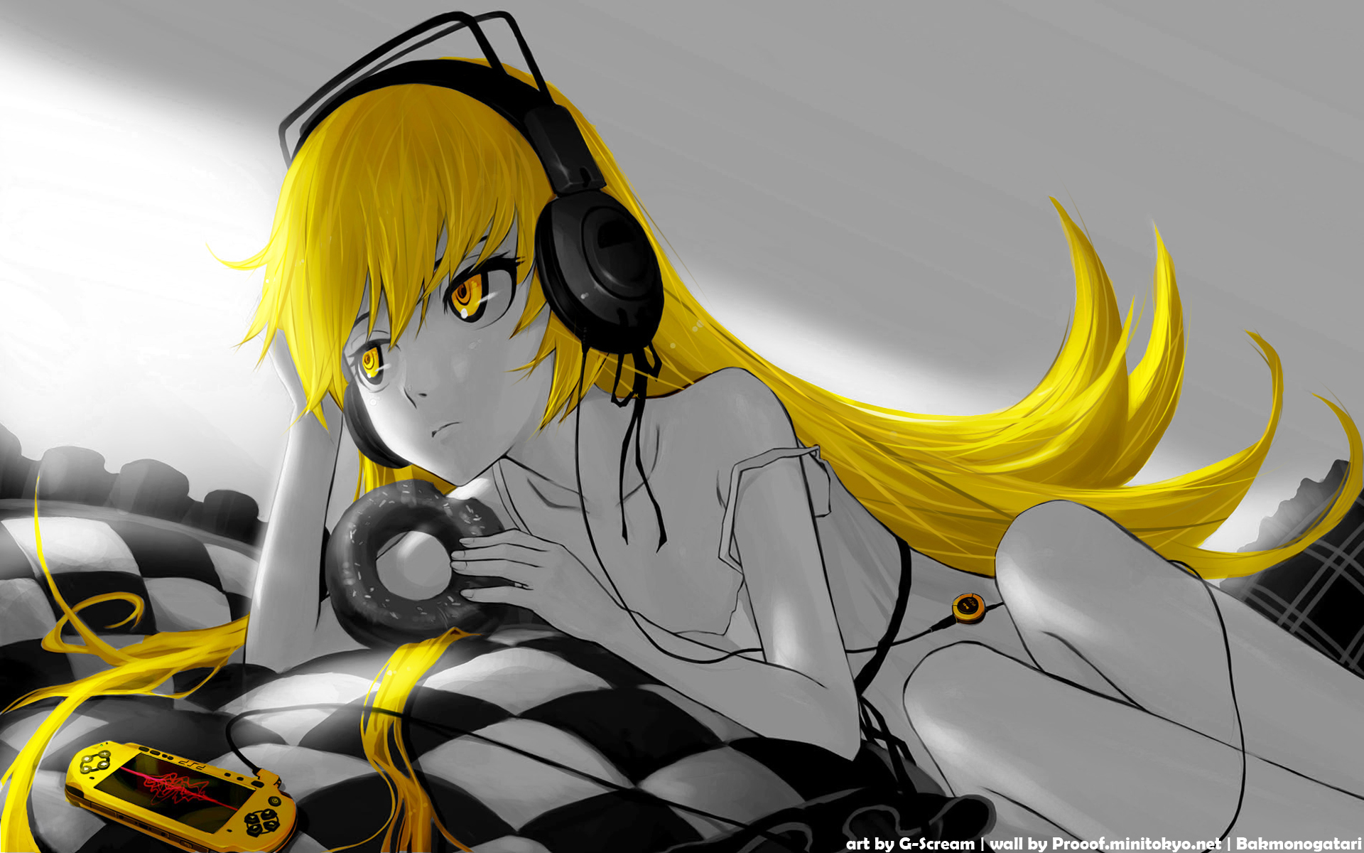 headphones, Bakemonogatari, Oshino Shinobu, selective coloring, Monogatari series - desktop wallpaper